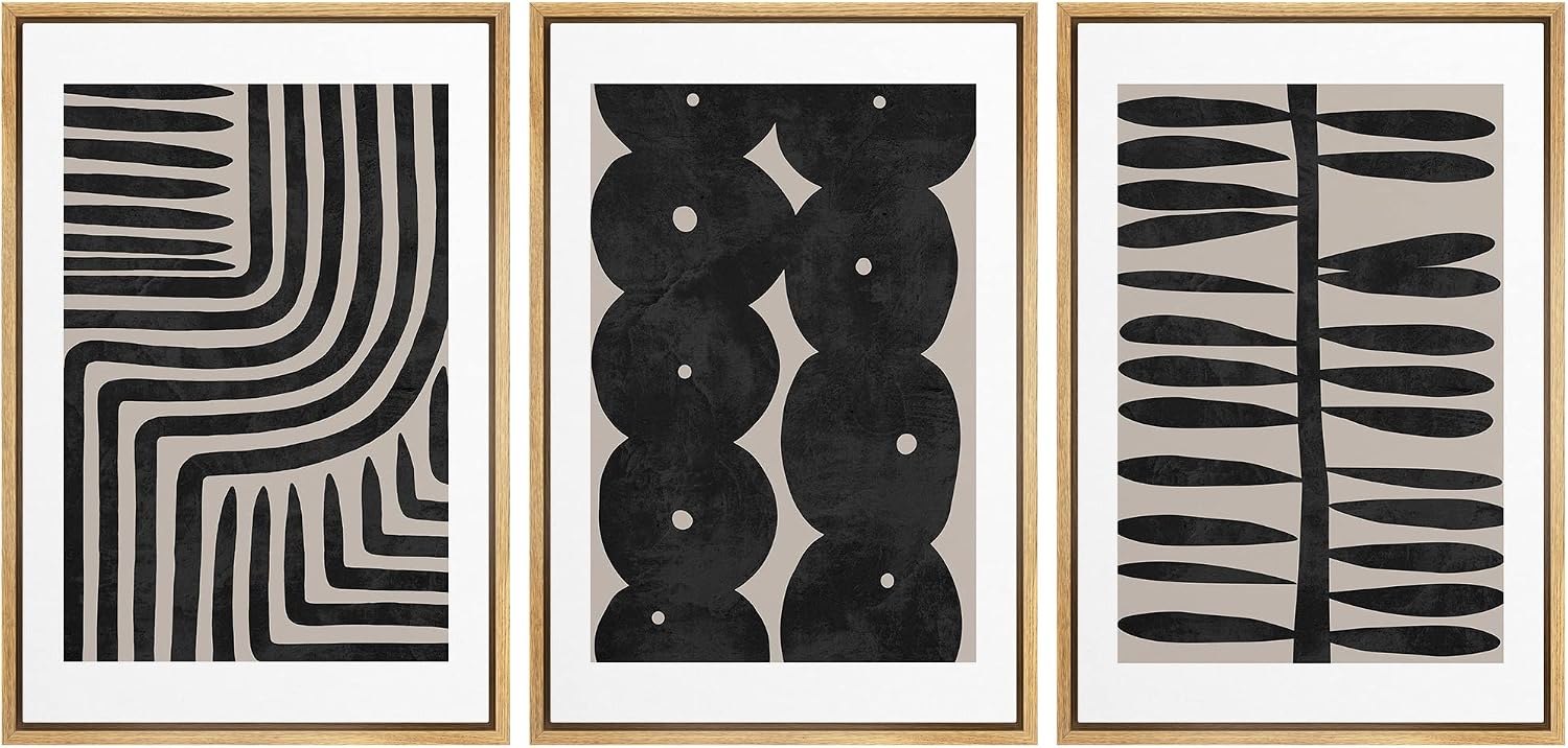 SIGNLEADER Framed Canvas Print Wall Art Set Geometric Black Paint Stroke Patterns Abstract Shapes Illustrations Modern Art Decorative Contemporary for Living Room, Bedroom, Office - 24'x36'x3 NATURAL