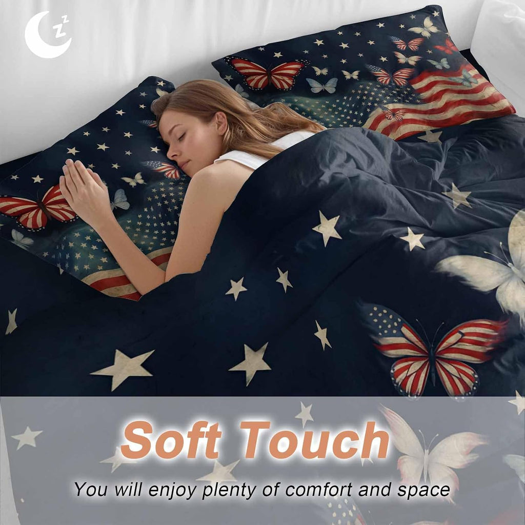 4th of July Duvet Cover Set Queen Size 4 Pieces Independence Day Patriotic Butterfly American Flag Bedding Set with Zipper Closure, 1 Comforter Cover 86x86 Inches 1 Flat Sheet & 2 Pillow Cases