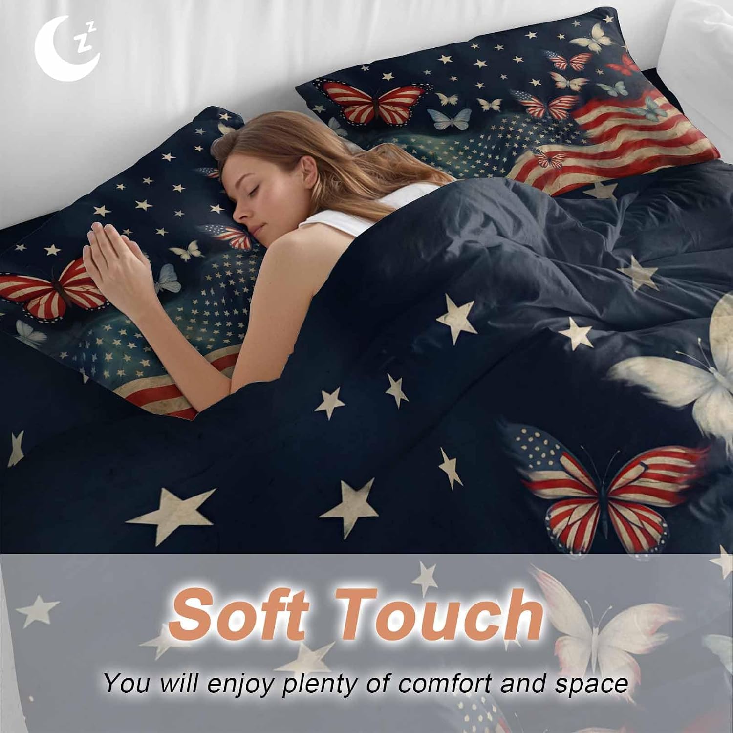 4th of July Duvet Cover Set Queen Size 4 Pieces Independence Day Patriotic Butterfly American Flag Bedding Set with Zipper Closure, 1 Comforter Cover 92x106 Inches 1 Flat Sheet & 2 Pillow Cases