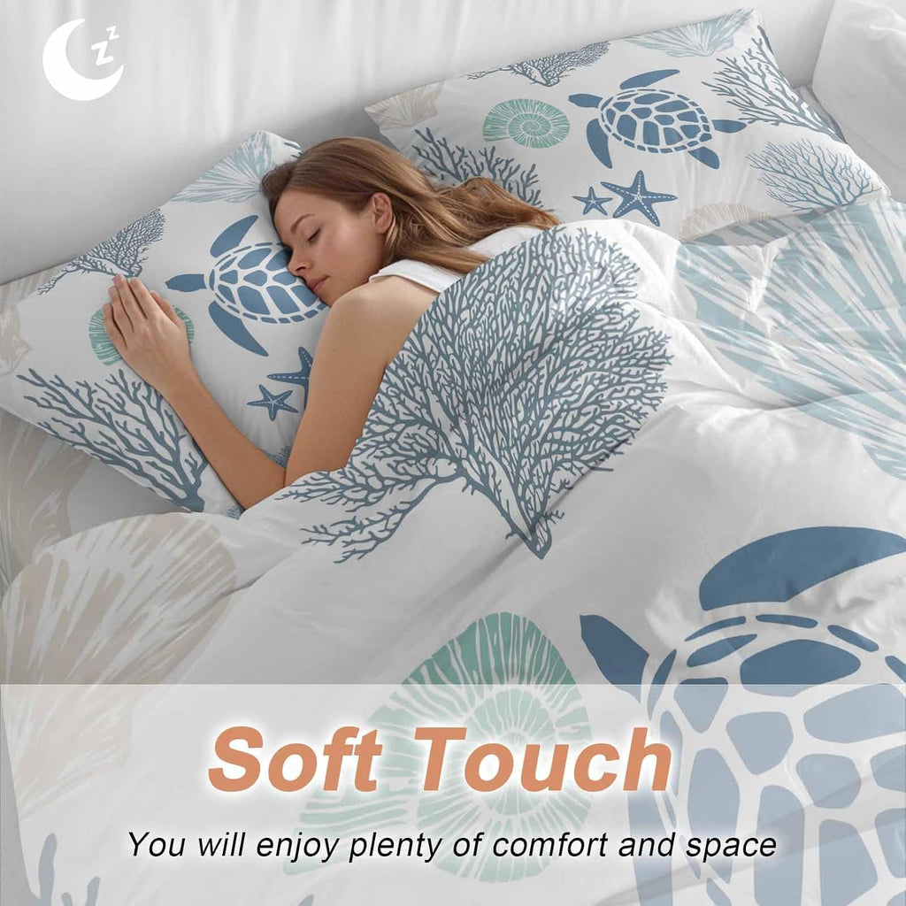 Summer Marine Life Duvet Cover Set Queen Size 4 Pieces Graffiti Sea Turtle Starfish Teal Conch Coral Bedding Set with Zipper Closure, 1 Comforter Cover 86x86 Inches 1 Flat Sheet & 2 Pillow Cases
