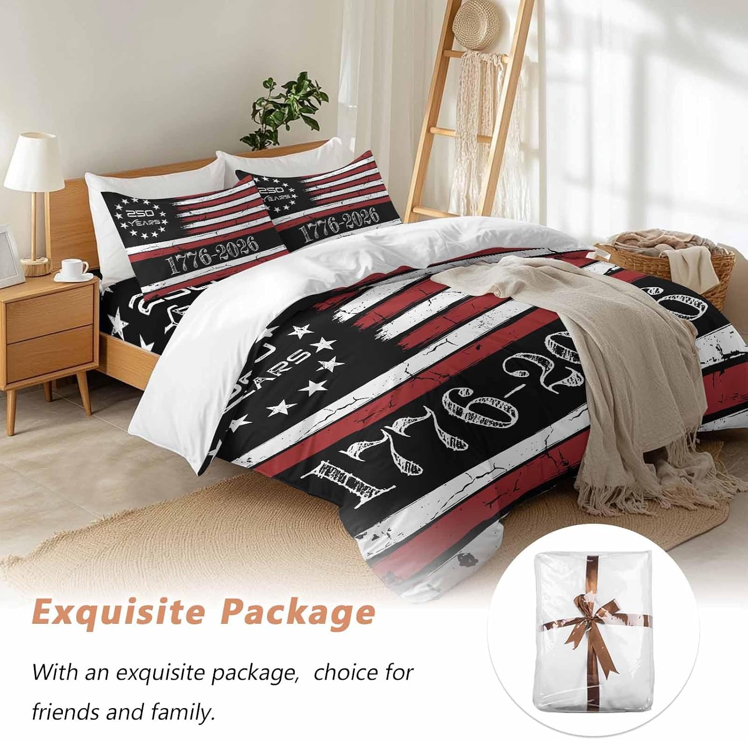 4th of July Duvet Cover Set Queen Size 4 Pieces 250 Years Independence Day Red Black USA Flag Stripe Bedding Set with Zipper Closure, 1 Comforter Cover 92x106 Inches 1 Flat Sheet & 2 Pillow Cases