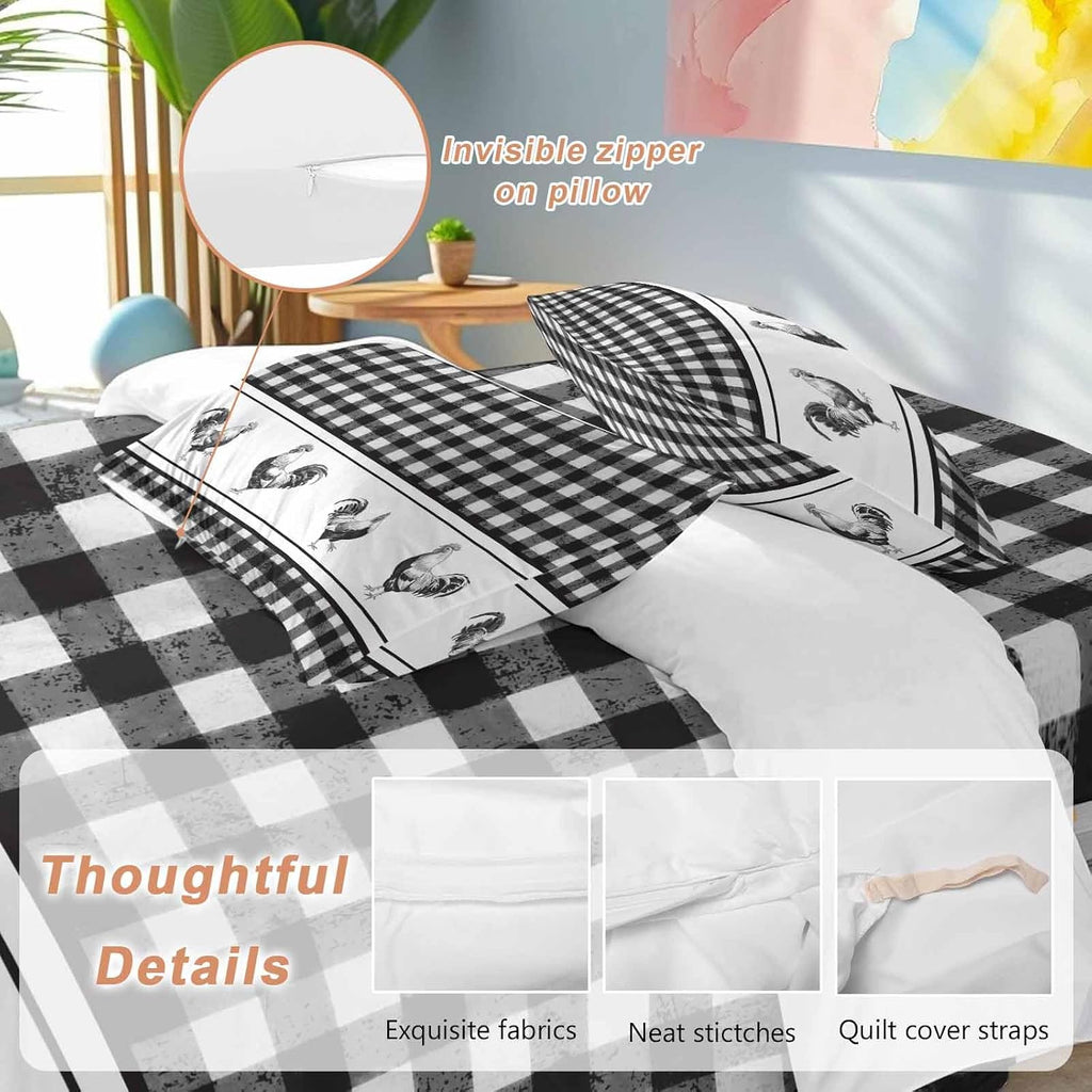 Prime Leader Vintage Black Plaid Duvet Cover Set Queen Size 4 Pieces Farm Cock Chicken Animal Watercolor Bedding Set with Zipper Closure, 1 Comforter Cover 90x92 Inches 1 Flat Sheet & 2 Pillow Cases
