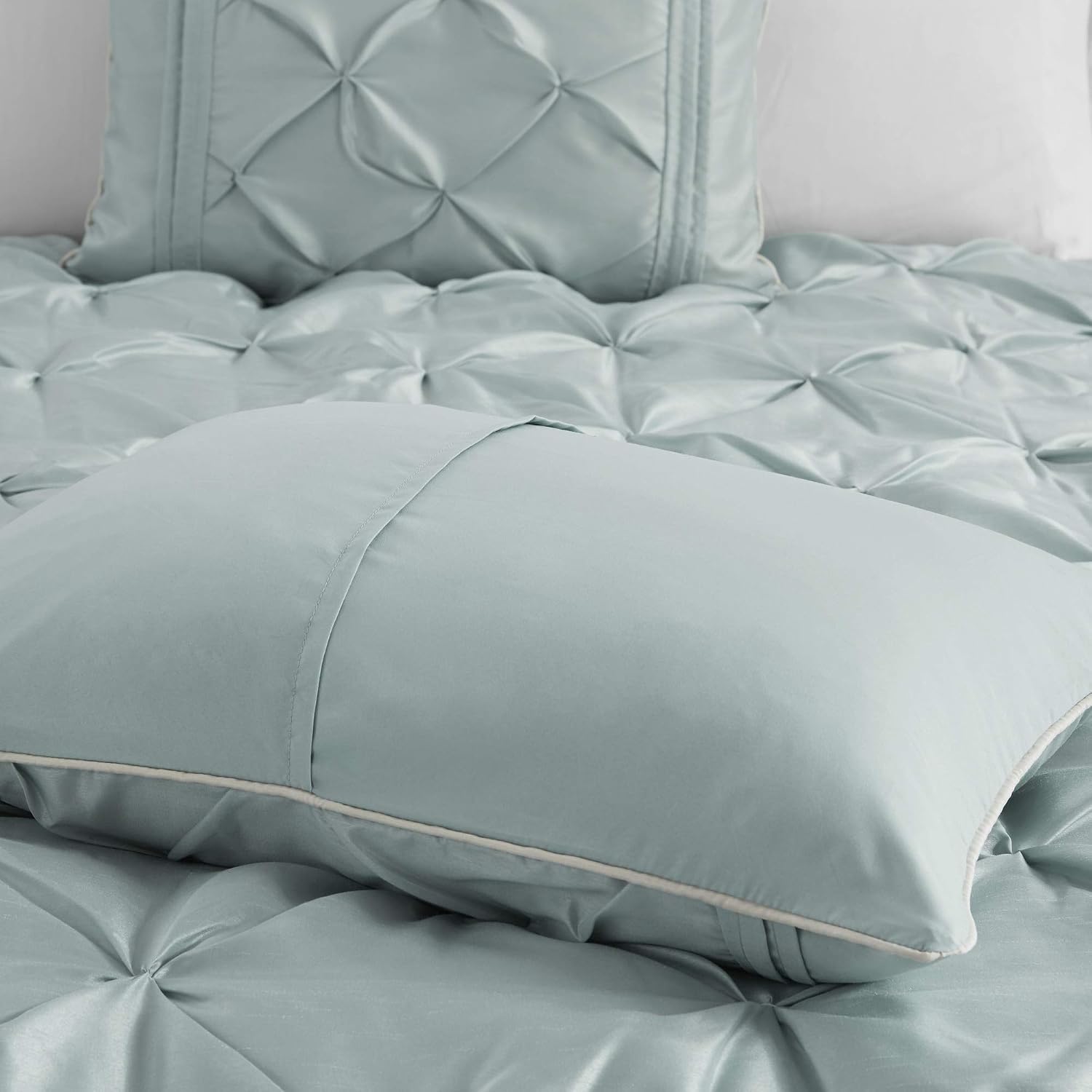 Madison Park Laurel Cal King Size Bed Comforter Set Bed In A Bag - Seafoam , Wrinkle Tufted Pleated – 7 Pieces Bedding Sets – Faux Silk Bedroom Comforters