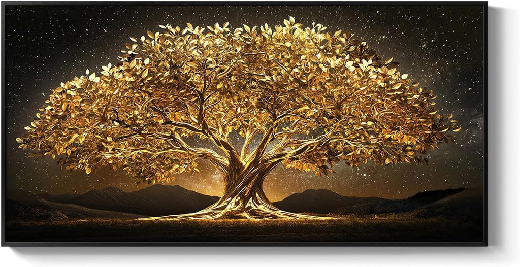 Large Framed Black and Gold Tree of Life Wall Art, Modern Luxury Tree Painting Print Artwork for Walls, Contemporary Dark Elegant Glam Picture for Living Room Bedroom Office Wall Decor, 60x30 Inch