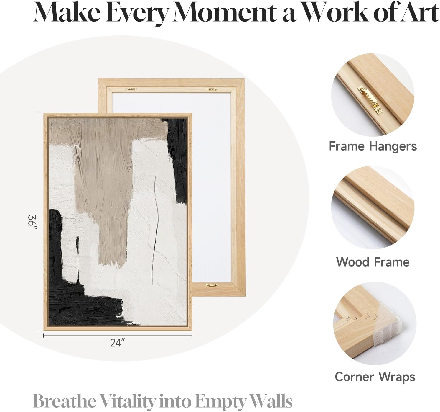 Large Framed Abstract Neutral Wall Art for Living Room, 3 Piece Black and White Beige Modern Canvas Prints Artwork for Walls, Minimalist Mid Century Painting Wall Decor Hallway Dining Room, 24x36 Inch