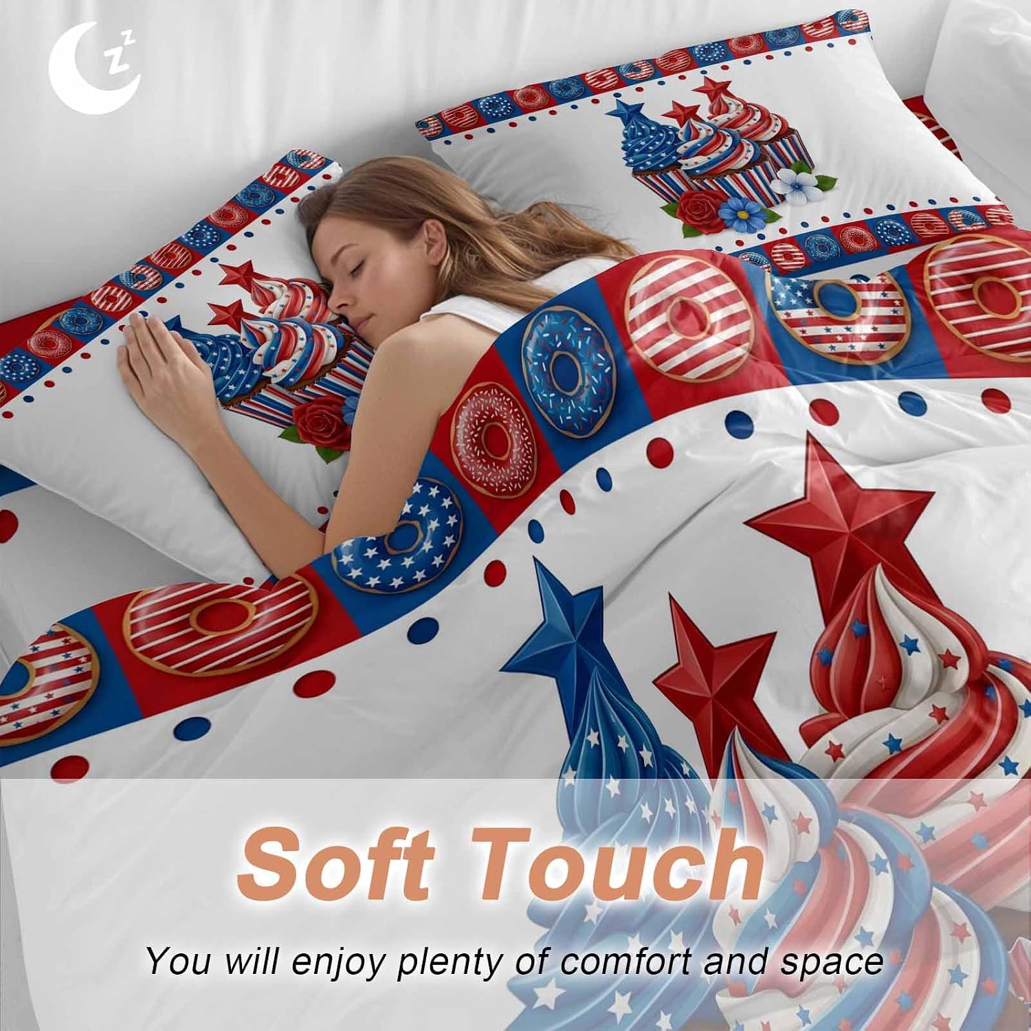 Independence Day Cupcakes Duvet Cover Set Queen Size 4 Pieces 4th of July Red Blue White Star Rose Flower Bedding Set with Zipper Closure, 1 Comforter Cover 92x106 Inches 1 Flat Sheet & 2 Pillow Cases