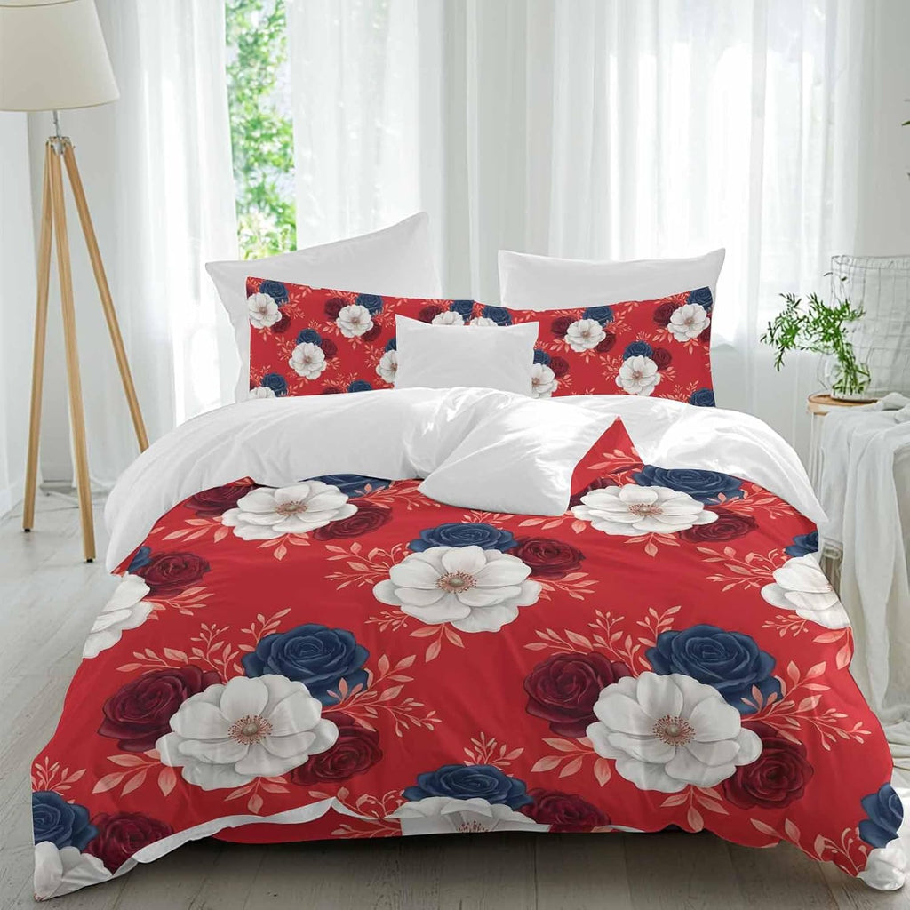 Prime Leader Independence Day Duvet Cover Set Queen Size 4 Pieces Red Blue White Roses Floral Leaf Red Bedding Set with Zipper Closure, 1 Comforter Cover 90x92 Inches 1 Flat Sheet & 2 Pillow Cases