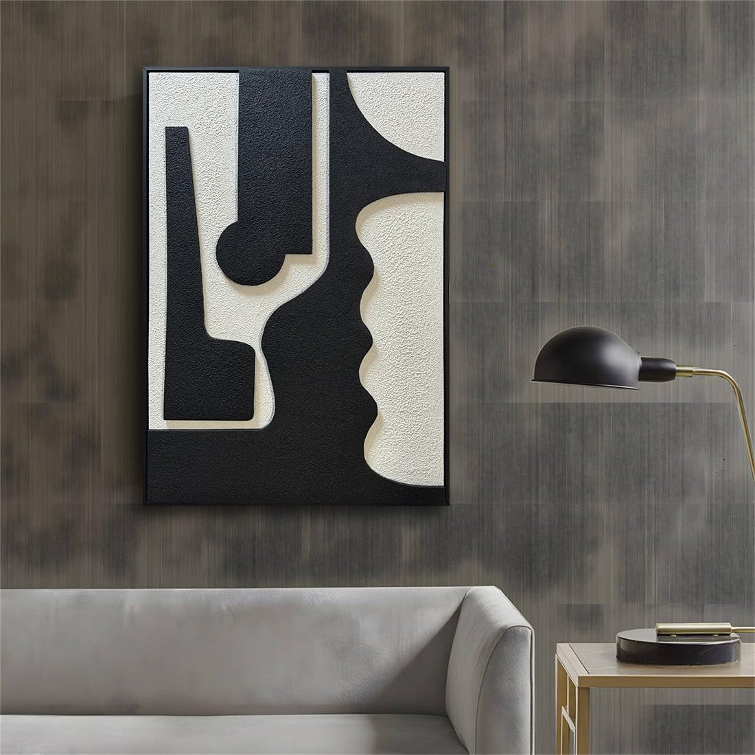 zoinart Black and White Textured Plaster Wall Art, 24x36 Black White Framed Artwork Wall for Home Decor, Minimalist Modern Monochrome Relief Art