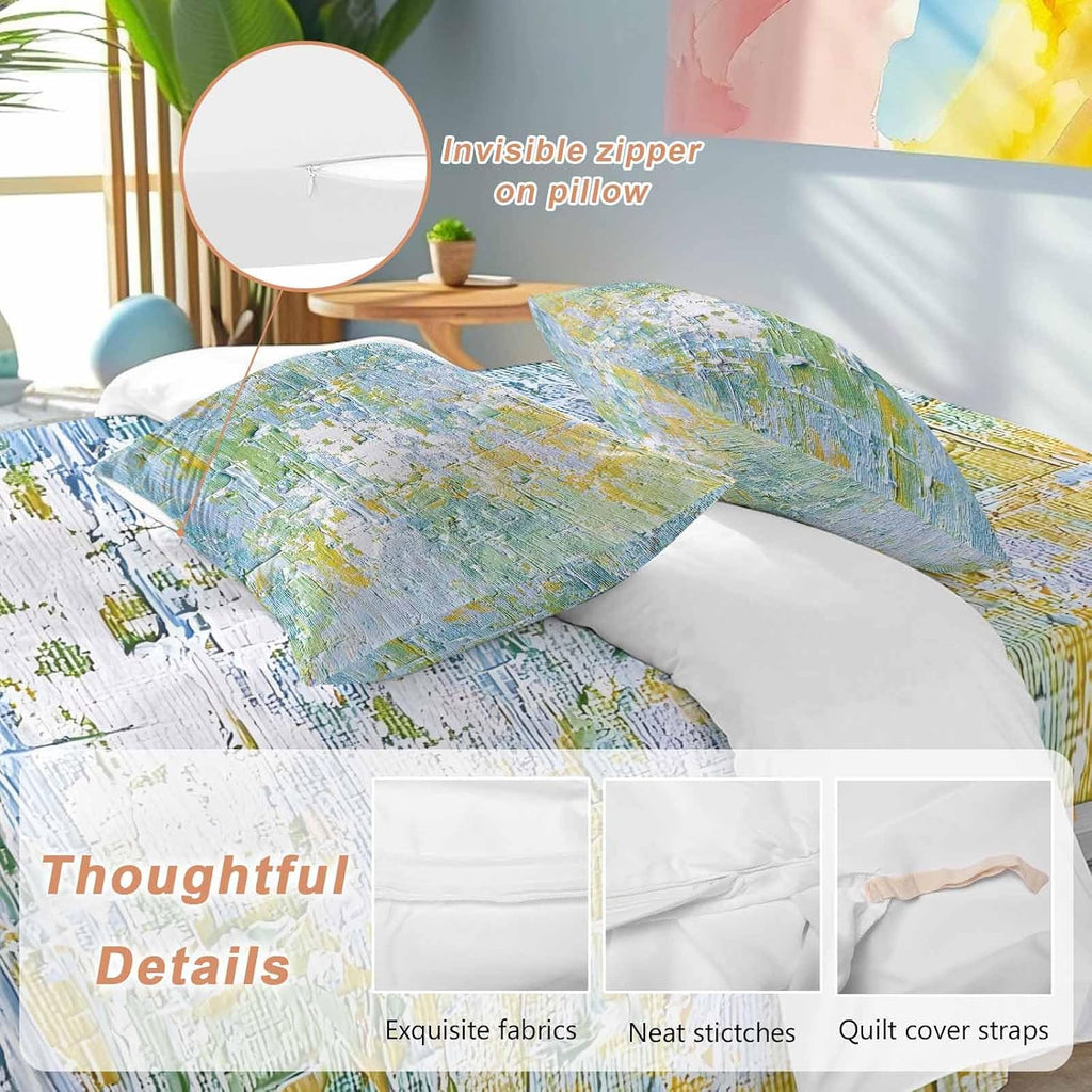 Prime Leader Abstract Geometric Duvet Cover Set Queen Size 4 Pieces Yellow Blue Green Oil Painting Style Bedding Set with Zipper Closure, 1 Comforter Cover 90x92 Inches 1 Flat Sheet & 2 Pillow Cases