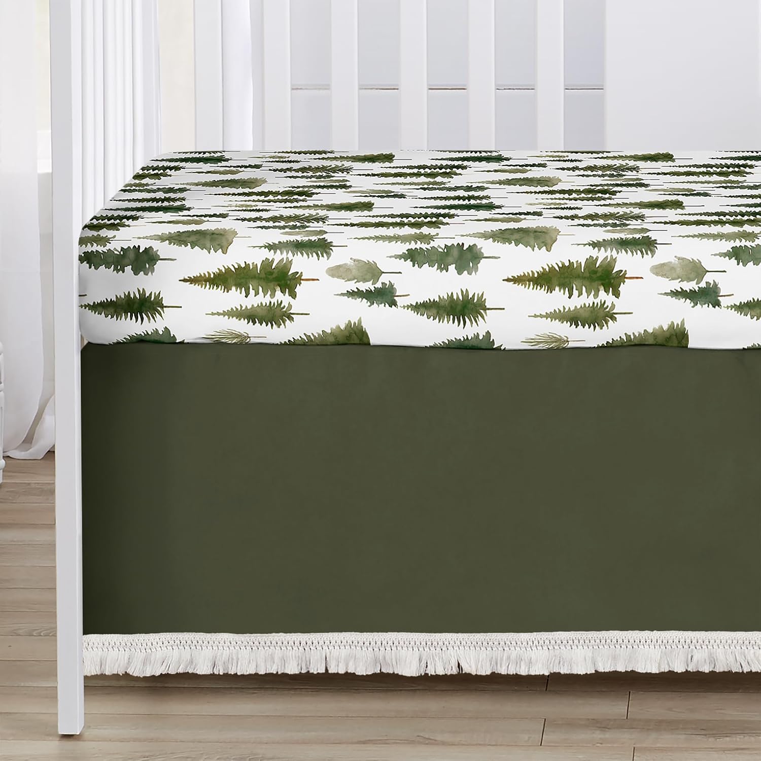 Sweet Jojo Designs 4-Piece Baby Crib Bedding Set (Sage Green Woodland) for Boys or Girls, Infants/Nursery incl. Blanket, Fitted Sheet, Skirt, Diaper Stacker (Forest Nature, Pine Tree, Christmas Trees)