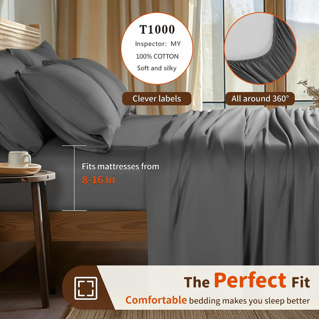 LBRO2M 1000 Thread Count 100% Egyptian Cotton Sheets Set 6 Piece Sets King Bed Sheet Deep Pocket Sheet Set 16' Soft Comfortable All Season (King, Dark Gray)
