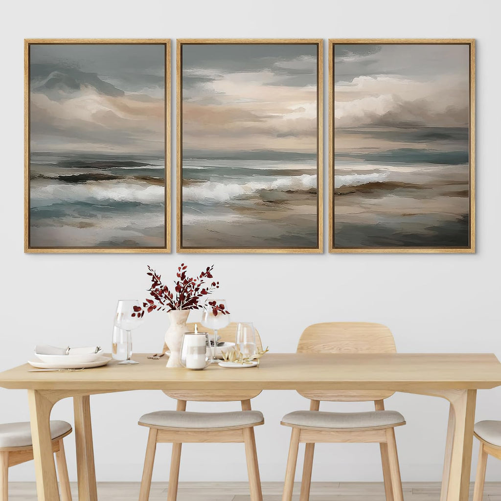 SIGNLEADER Framed Canvas Print Wall Art Set Soft Neutral Coastal Waves Muted Teal and Beige Ocean Illustrations Minimal Decorative Bohemian Nordic for Living Room, Bedroom, Office - 24'x36'x3 NATURAL