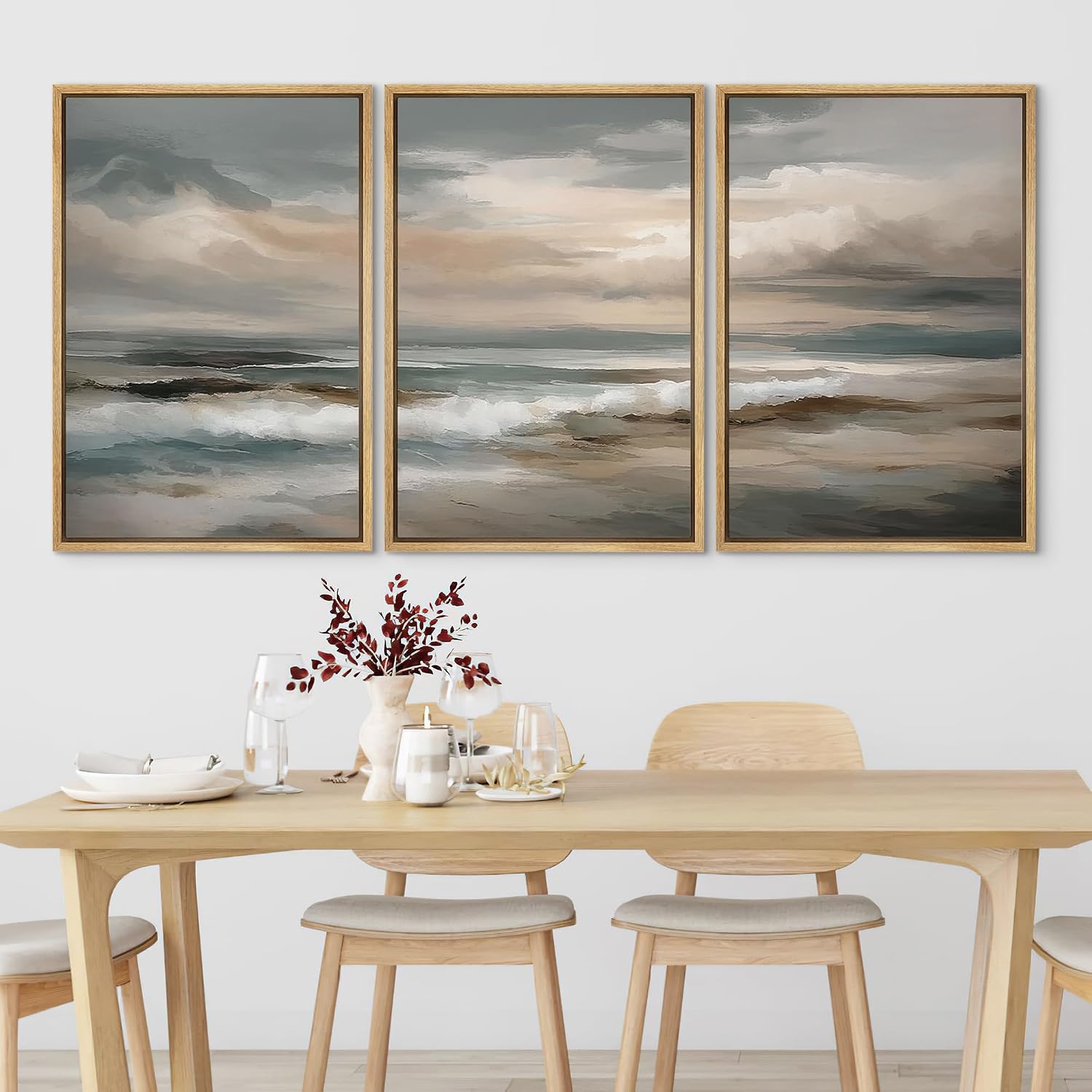 SIGNLEADER Framed Canvas Print Wall Art Set Soft Neutral Coastal Waves Muted Teal and Beige Ocean Illustrations Minimal Decorative Bohemian Nordic for Living Room, Bedroom, Office - 24'x36'x3 NATURAL
