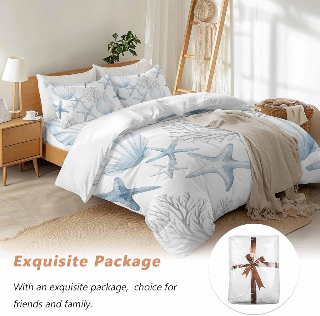 Summer Ocean Shell Duvet Cover Set Queen Size 4 Pieces Nautical Watercolor Blue Starfish Seashell Coral Bedding Set with Zipper Closure, 1 Comforter Cover 86x86 Inches 1 Flat Sheet & 2 Pillow Cases