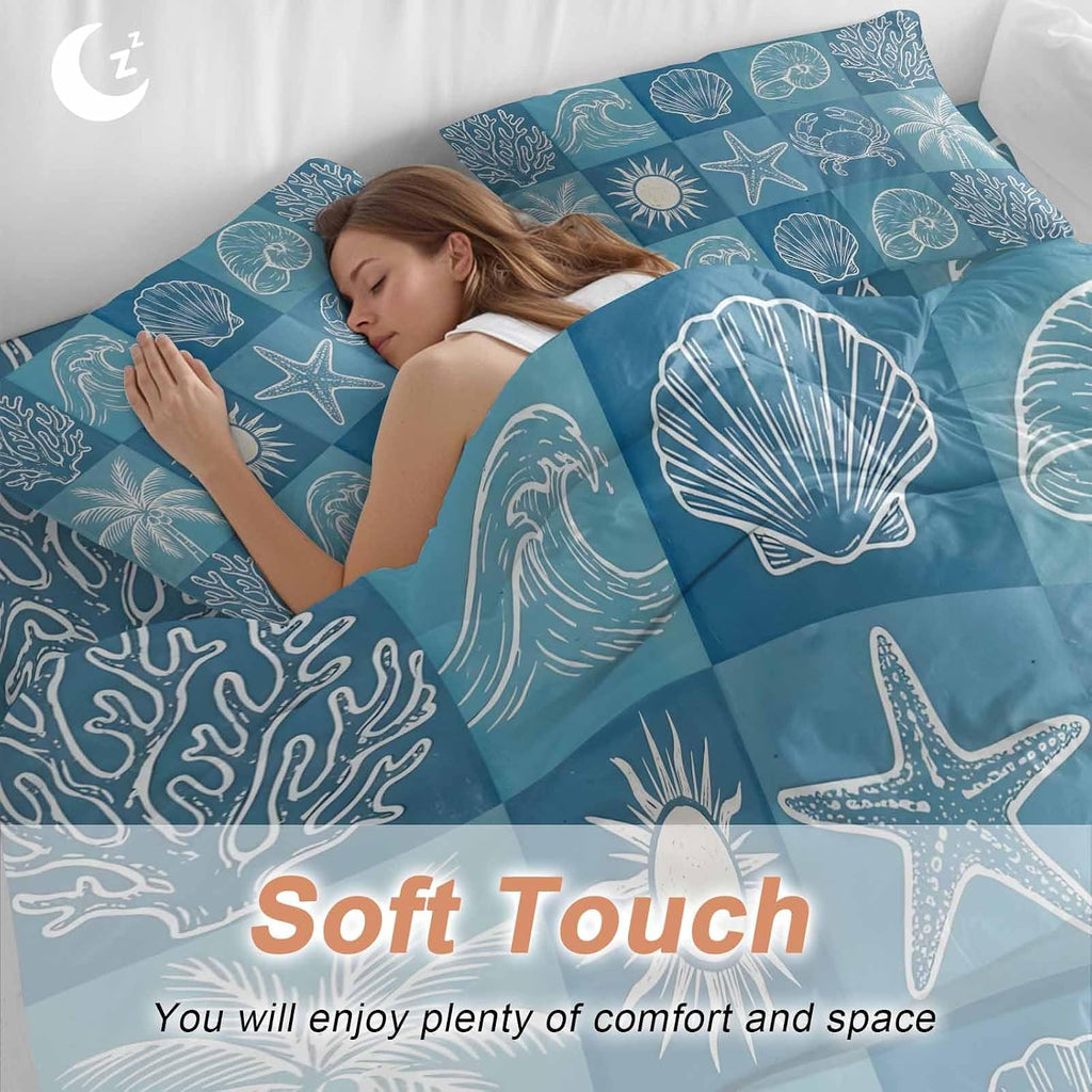 Prime Leader Blue Coastal Duvet Cover Set Queen Size 4 Pieces Summer Ocean Waves Shell Crab Coconut Tree Bedding Set with Zipper Closure, 1 Comforter Cover 86x86 Inches 1 Flat Sheet & 2 Pillow Cases
