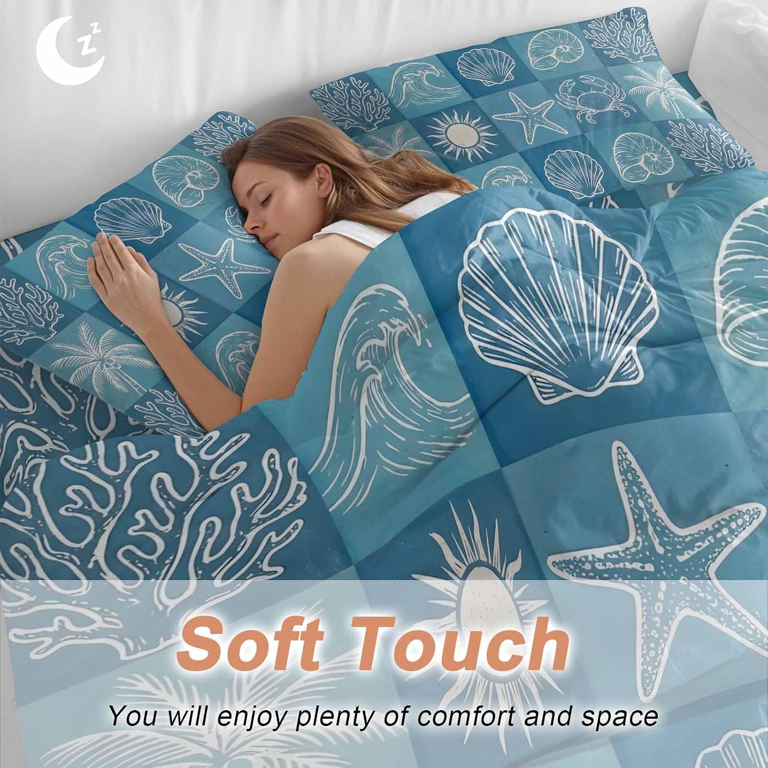 Prime Leader Blue Coastal Duvet Cover Set Queen Size 4 Pieces Summer Ocean Waves Shell Crab Coconut Tree Bedding Set with Zipper Closure, 1 Comforter Cover 86x86 Inches 1 Flat Sheet & 2 Pillow Cases