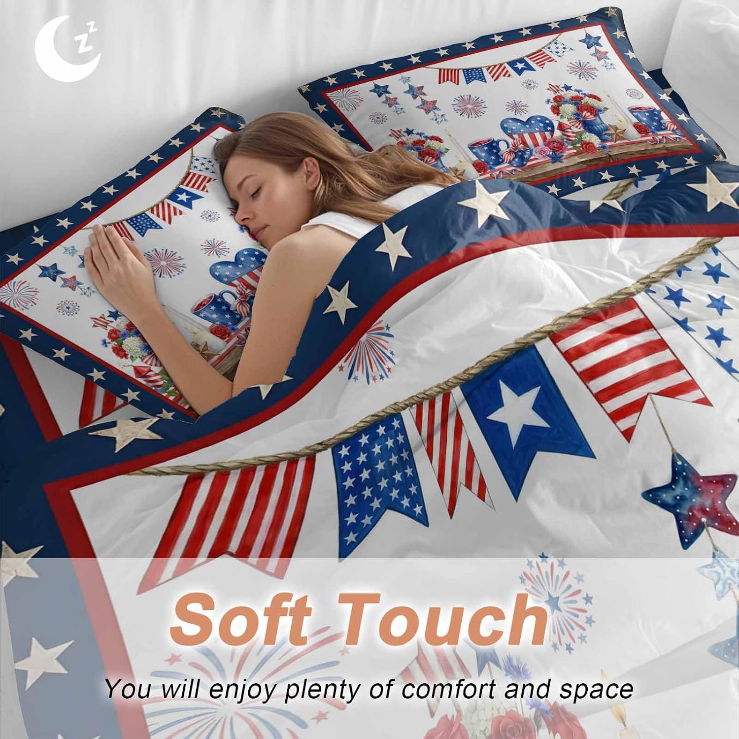 Prime Leader Independence Day Duvet Cover Set Queen Size 4 Pieces Retro Red Blue USA Flag Floral Star Bedding Set with Zipper Closure, 1 Comforter Cover 92x106 Inches 1 Flat Sheet & 2 Pillow Cases