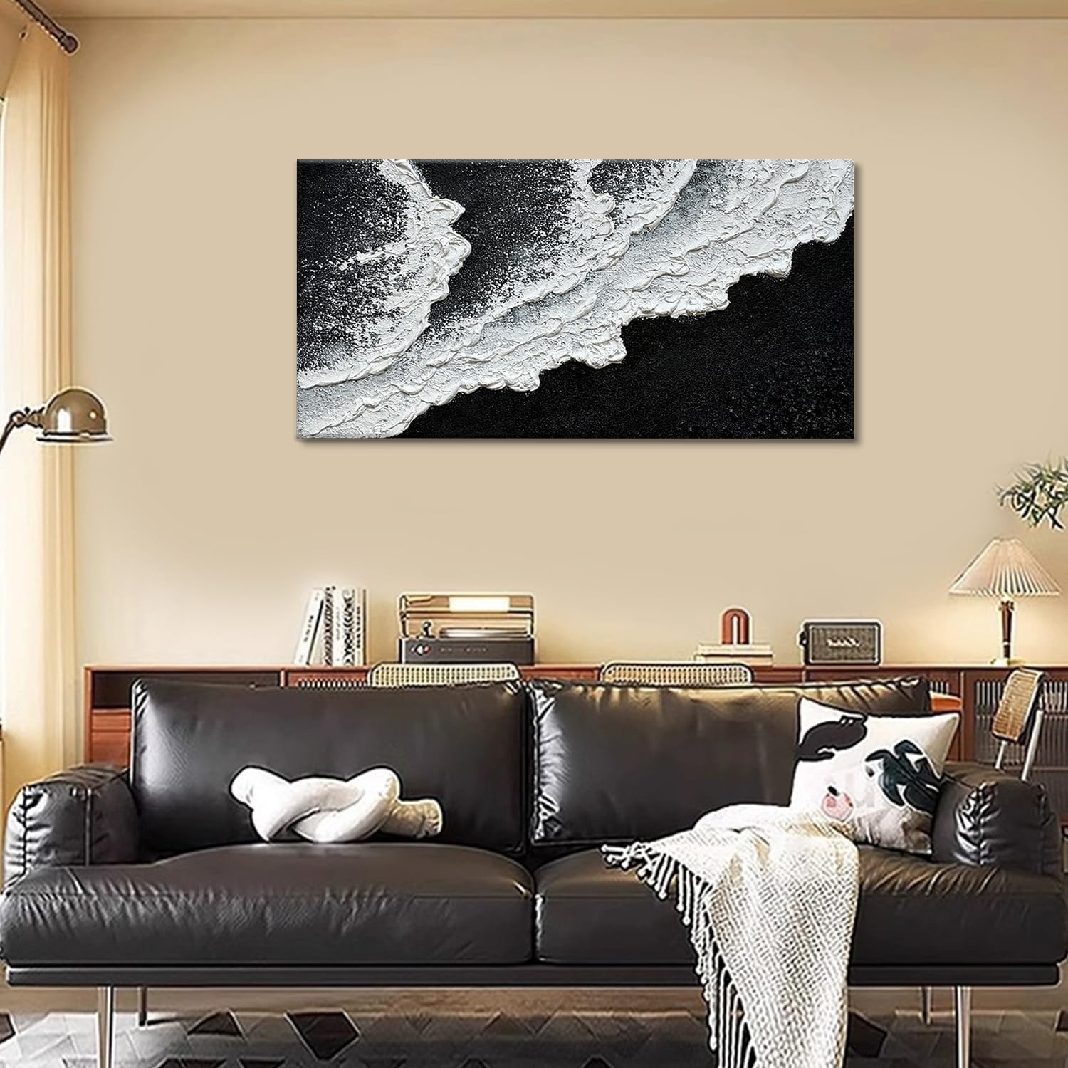 Black and White Beach Wave Textured Wall Art 3D Oil Painting Hand Painted Abstract Canvas Framed 48x24 Inch Acrylic Painting