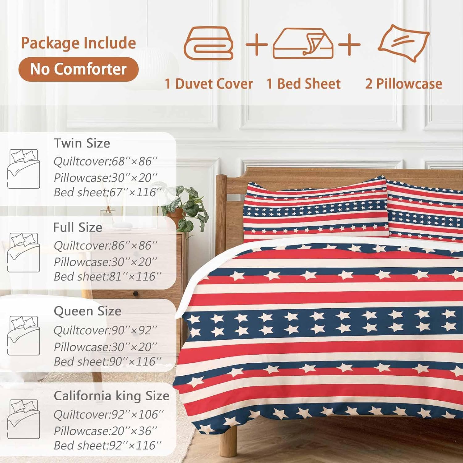 Prime Leader Independence Day Duvet Cover Set Queen Size 4 Pieces Vintage Classic Red White Blue Stripes Bedding Set with Zipper Closure, 1 Comforter Cover 86x86 Inches 1 Flat Sheet & 2 Pillow Cases