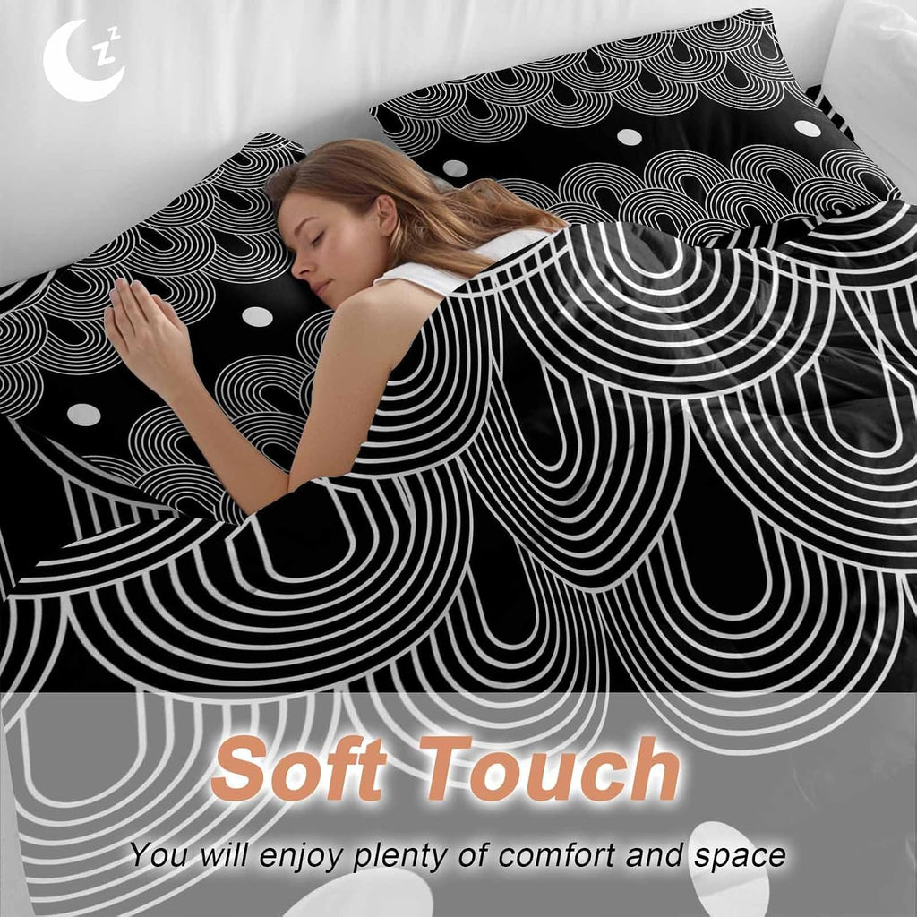 Prime Leader Black White Duvet Cover Set Queen Size 4 Pieces Abstract Line Boho Minimalist Arch Geometric Bedding Set with Zipper Closure, 1 Comforter Cover 86x86 Inches 1 Flat Sheet & 2 Pillow Cases