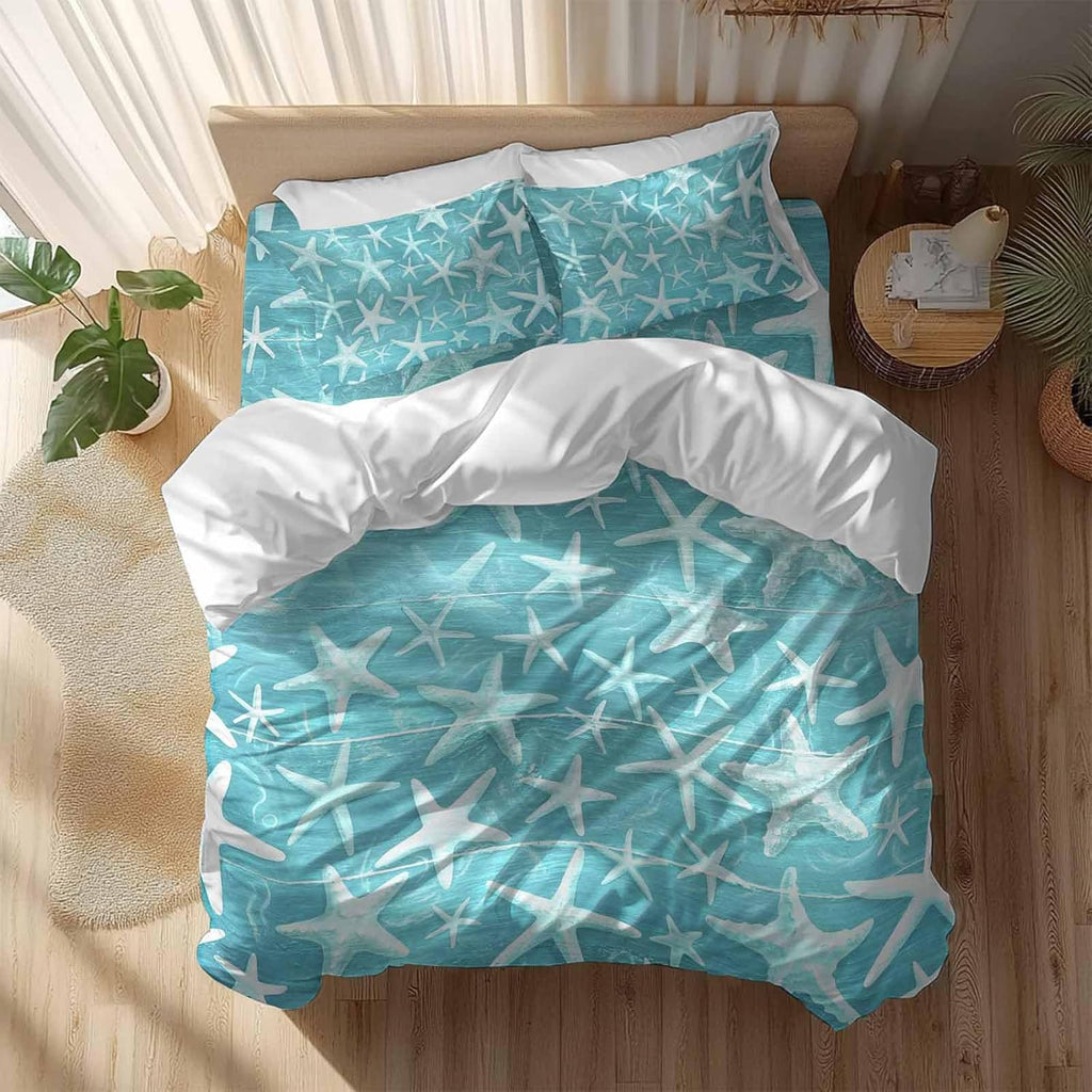 Summer Duvet Cover Set Queen Size 4 Pieces Coastal Watercolor Teal White Sea Starfish Wood Grain Bedding Set with Zipper Closure, 1 Comforter Cover 92x106 Inches 1 Flat Sheet & 2 Pillow Cases