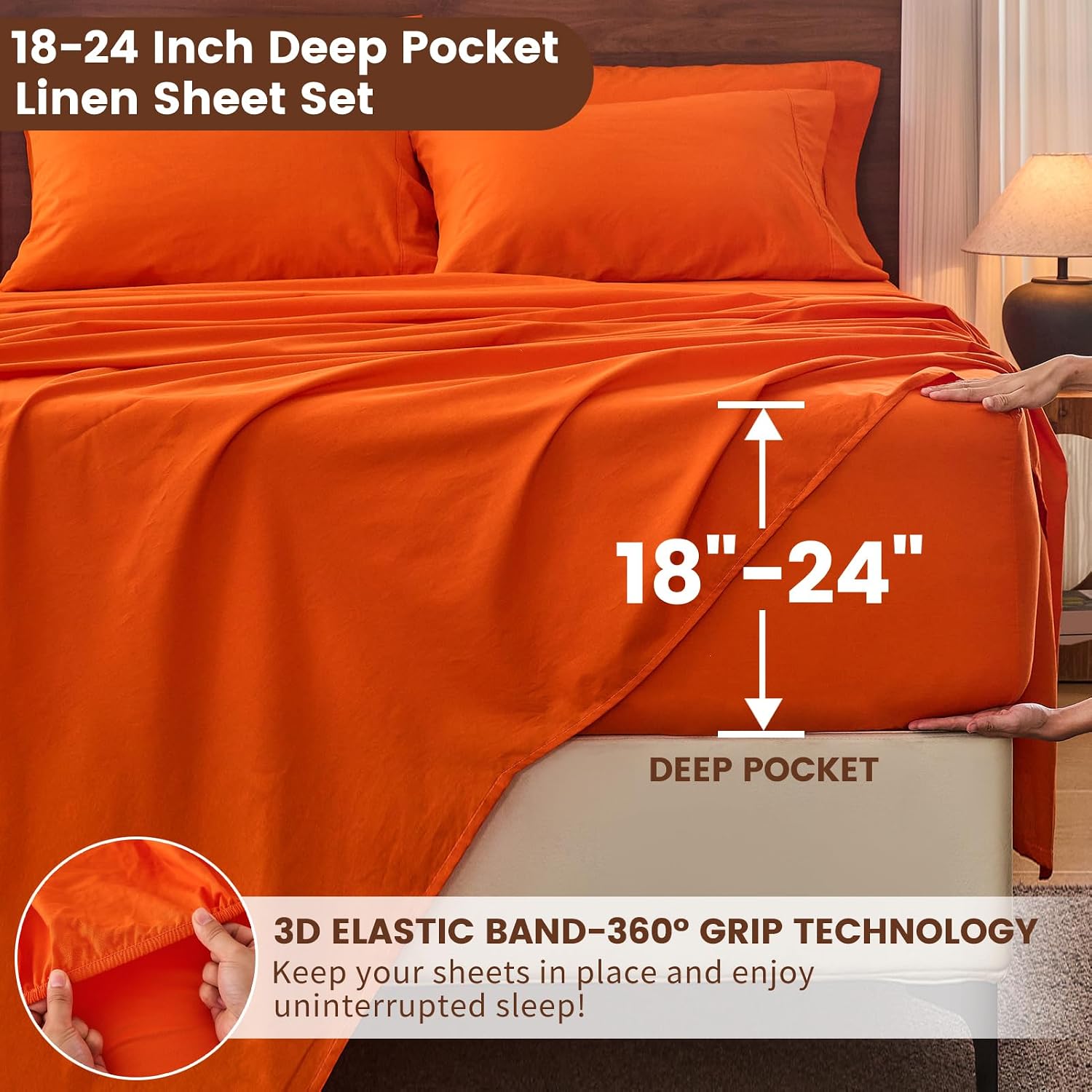 Bedlifes 100% French Linen Sheets King Size 18-24' Extra Deep Pocket 4-Piece Set Breathable & Moisture-Wicking,Soft & Durable Sheets for Thick Mattresses(Orange)