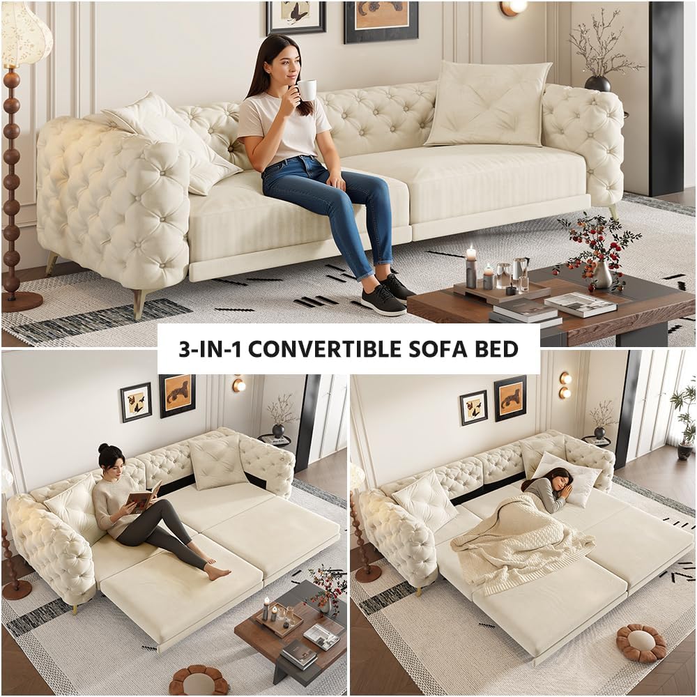 WILLIAMSPACE 97.7' 3-in-1 Convertible Sleeper Sofa Bed, Modern Button Tufted 28.4' Deep Seat Pull Out Couch Bed with Movable Ottoman, Multi-Functional 4-Seater Couch for Living Room, Velvet - Beige