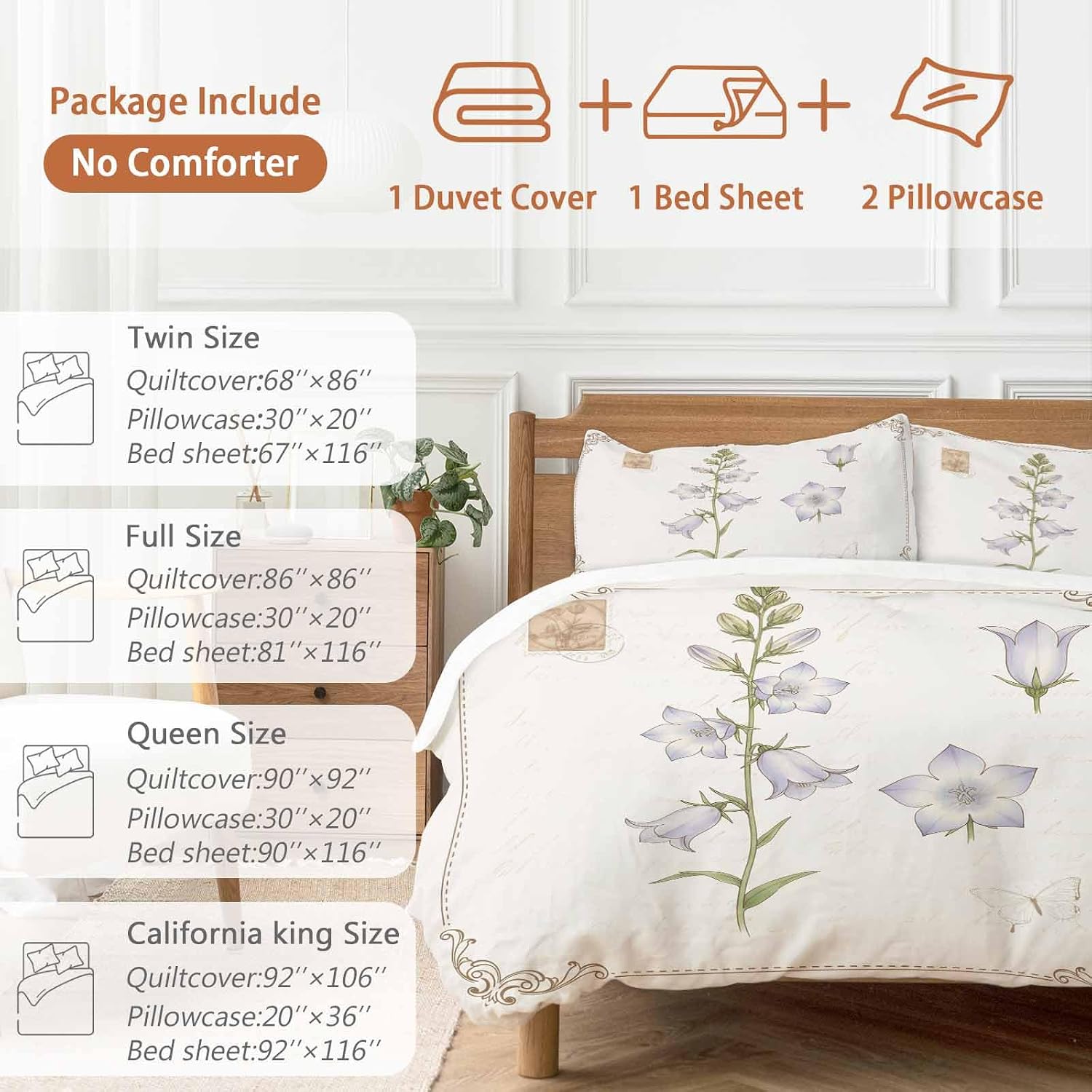 Purple Bellflowers Duvet Cover Set Queen Size 4 Pieces Country Pastoral Watercolor Flowers Green Leaf Bedding Set with Zipper Closure, 1 Comforter Cover 86x86 Inches 1 Flat Sheet & 2 Pillow Cases