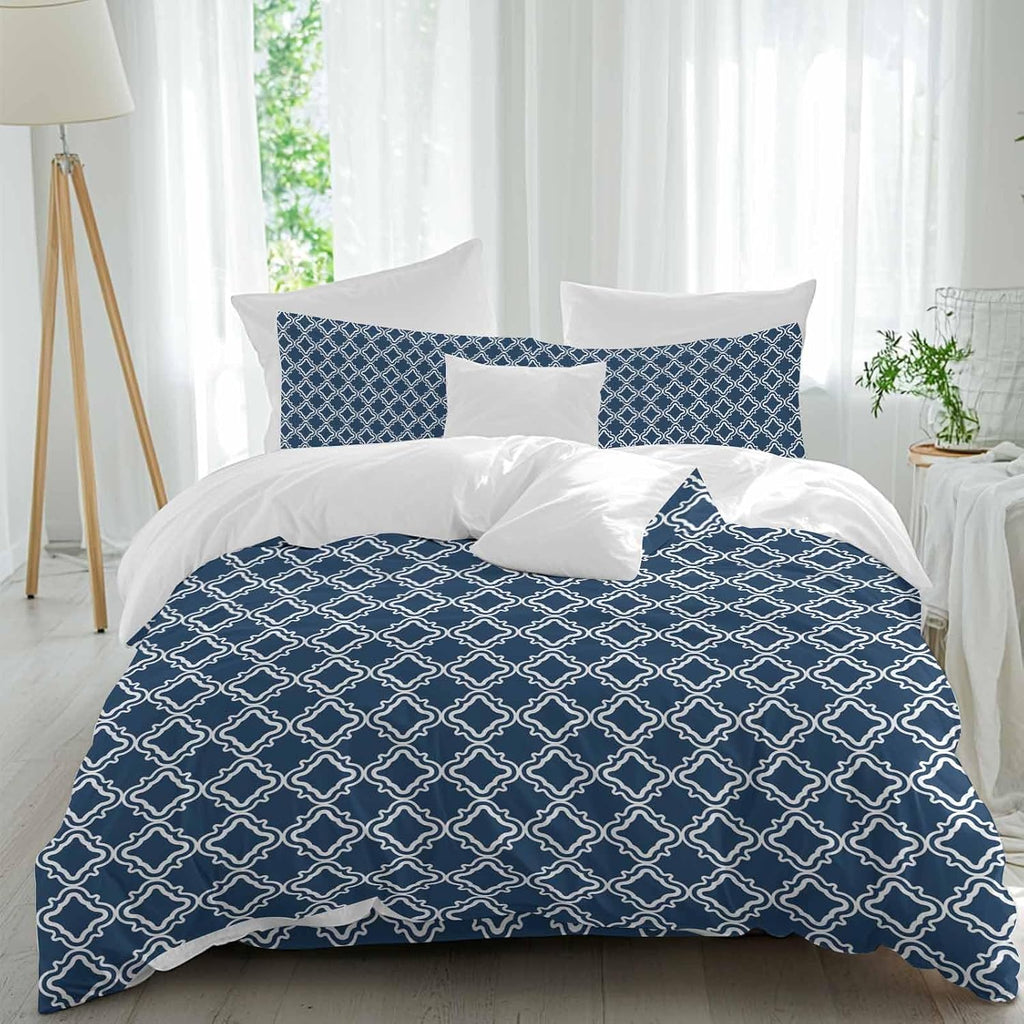 Prime Leader Blue White Plaid Duvet Cover Set Queen Size 4 Pieces Abstract Blue Morocco Texture Bedding Set with Zipper Closure, 1 Comforter Cover 90x92 Inches 1 Flat Sheet & 2 Pillow Cases