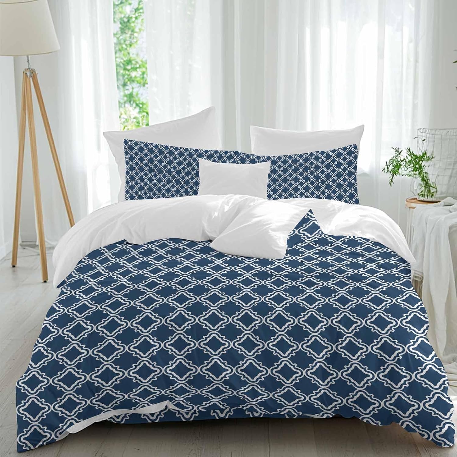 Prime Leader Blue White Plaid Duvet Cover Set Queen Size 4 Pieces Abstract Blue Morocco Texture Bedding Set with Zipper Closure, 1 Comforter Cover 90x92 Inches 1 Flat Sheet & 2 Pillow Cases