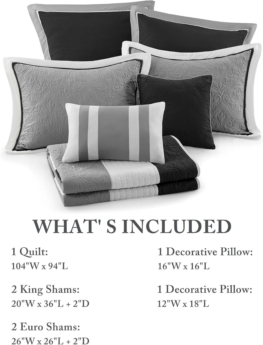 Madison Park Attingham Reversible Quilt Set - All Season Breathable Coverlet, Lightweight Cozy Bedding Layers, Matching Shams, King/Cal King(104'x94'), Black Multi 7 Piece
