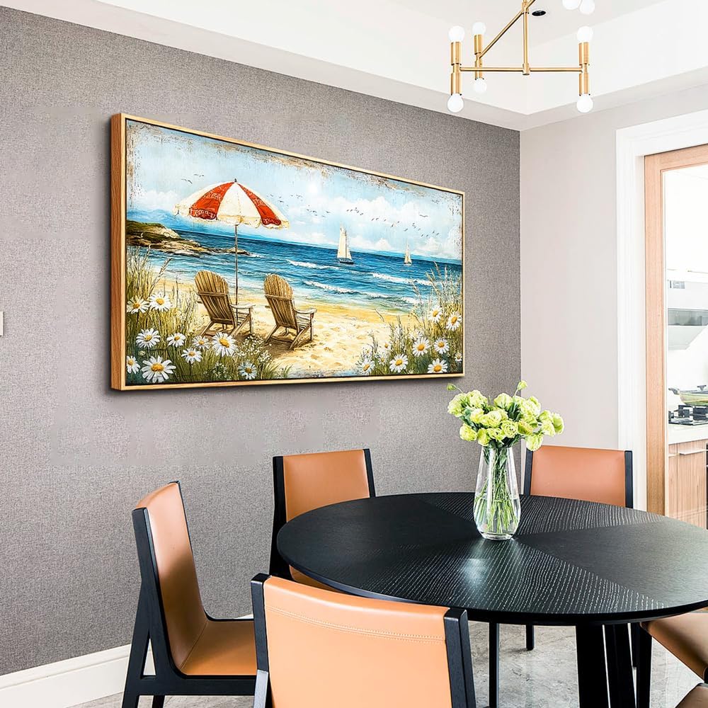 ERQINHUA Large Wall Decor Canvas Painting Wall Art For Living Room Bedroom Home Decoration Blue Seaside Landscape Painting Print For office Dining Room Bathroom Wall Aesthetics Wood Frame 30x60 In