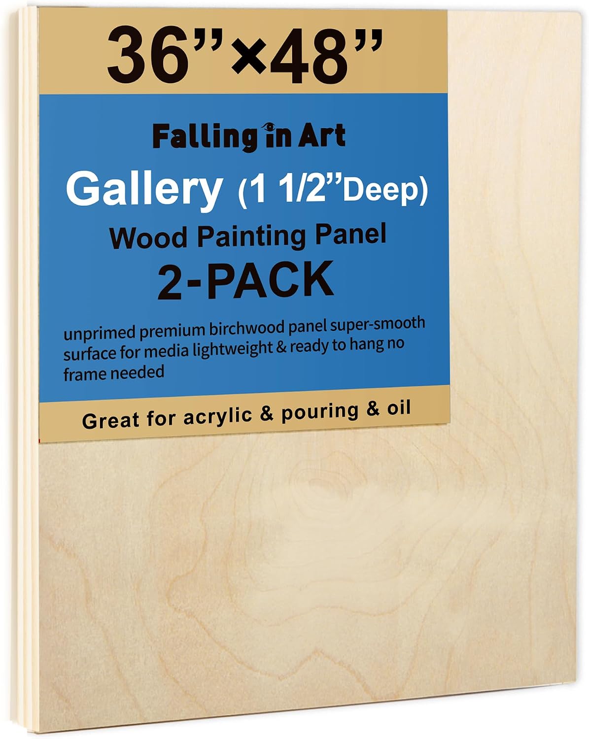 Falling in Art 2 Pack Unfinished Wooden Canvas Panels, 36x48 Gallery Birch Wood Panels Kit, 1 1/2' Deep Art Cradle Boards for Acrylic Painting, Pouring and Burning