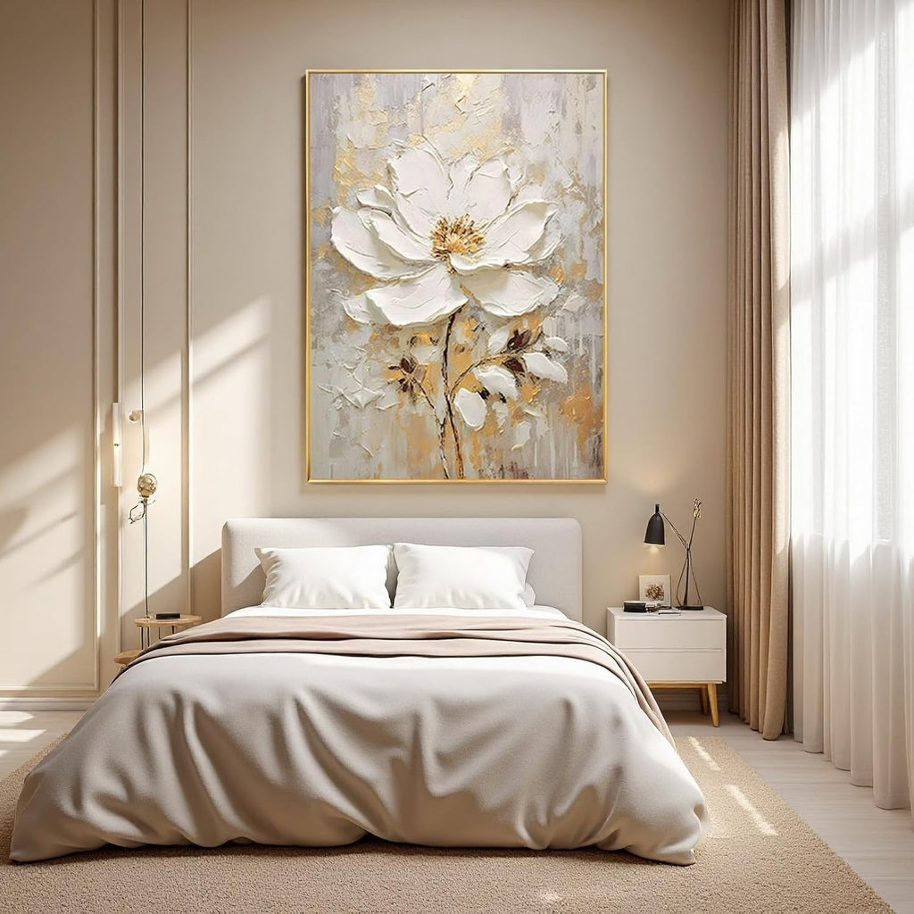 Large Hand Painted Flower Oil Painting for Ofiice-3D White Floral Canvas Wall Art for Bedroom- Framed Modern Artwork for Living Room Home Decoration 32x48inches