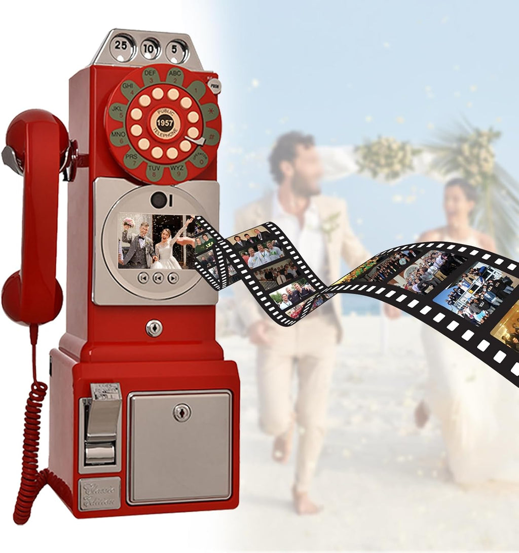 Video Audio Guest Book Recorder, 32gb Storage, Retro Message Recording Device with Adjustable Brightness, Easy-to-use Message Phone for Party Engagement Birthday Wedding Family Gatherings red