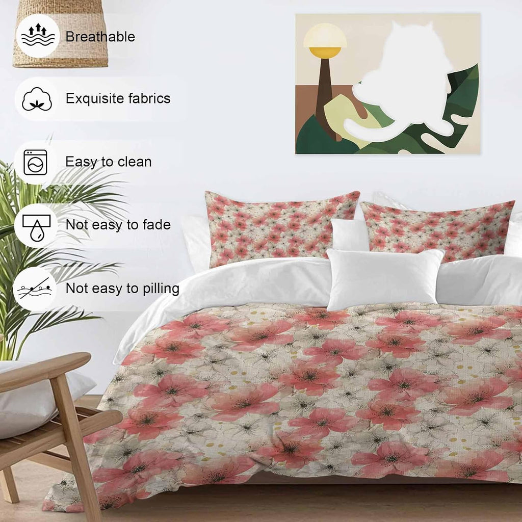Spring Florals Duvet Cover Set Queen Size 4 Pieces Red White Floral Vintage Water Ink Painting Bedding Set with Zipper Closure, 1 Comforter Cover 90x92 Inches 1 Flat Sheet & 2 Pillow Cases