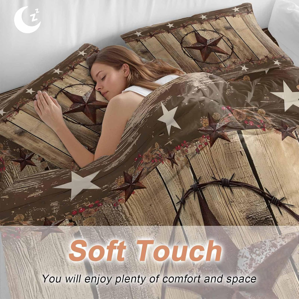 Vintage Duvet Cover Set Queen Size 4 Pieces Western Country Brown Texas Star Wood Grain Farmhouse Bedding Set with Zipper Closure, 1 Comforter Cover 86x86 Inches 1 Flat Sheet & 2 Pillow Cases