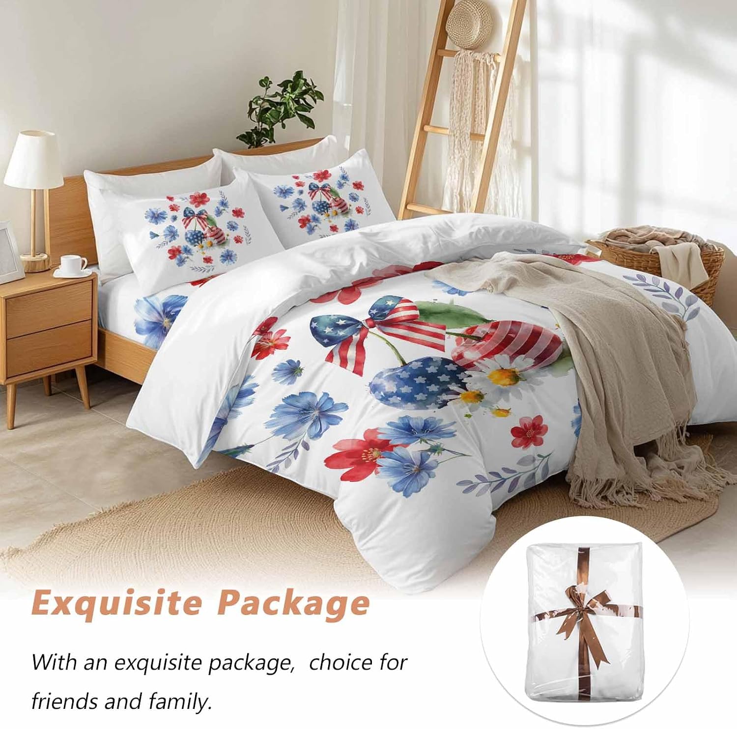 Independence Day Cherry Duvet Cover Set Queen Size 4 Pieces Patriotic Red Blue Star Flower Bow Leaf Bedding Set with Zipper Closure, 1 Comforter Cover 86x86 Inches 1 Flat Sheet & 2 Pillow Cases