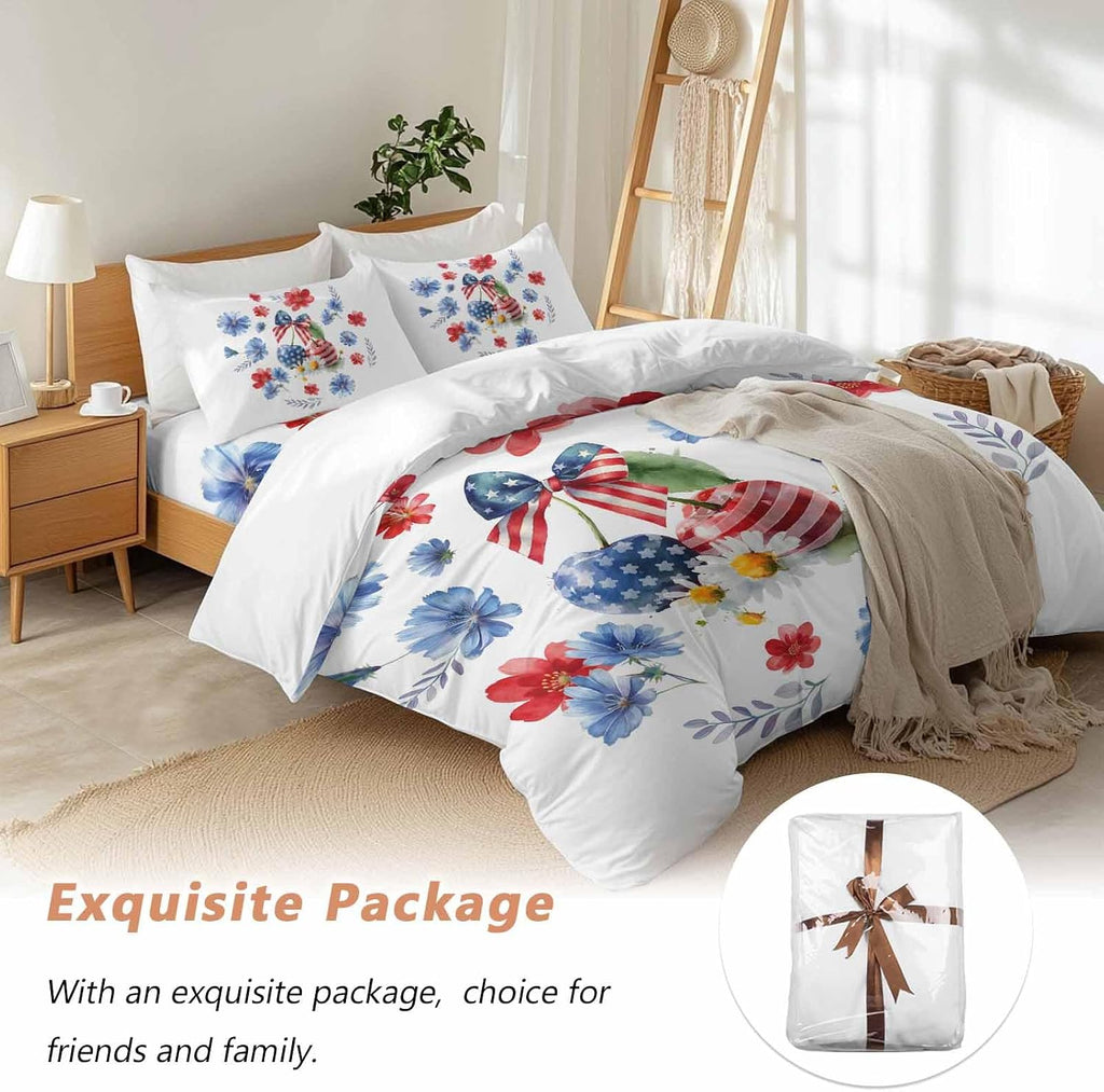 Independence Day Cherry Duvet Cover Set Queen Size 4 Pieces Patriotic Red Blue Star Flower Bow Leaf Bedding Set with Zipper Closure, 1 Comforter Cover 90x92 Inches 1 Flat Sheet & 2 Pillow Cases