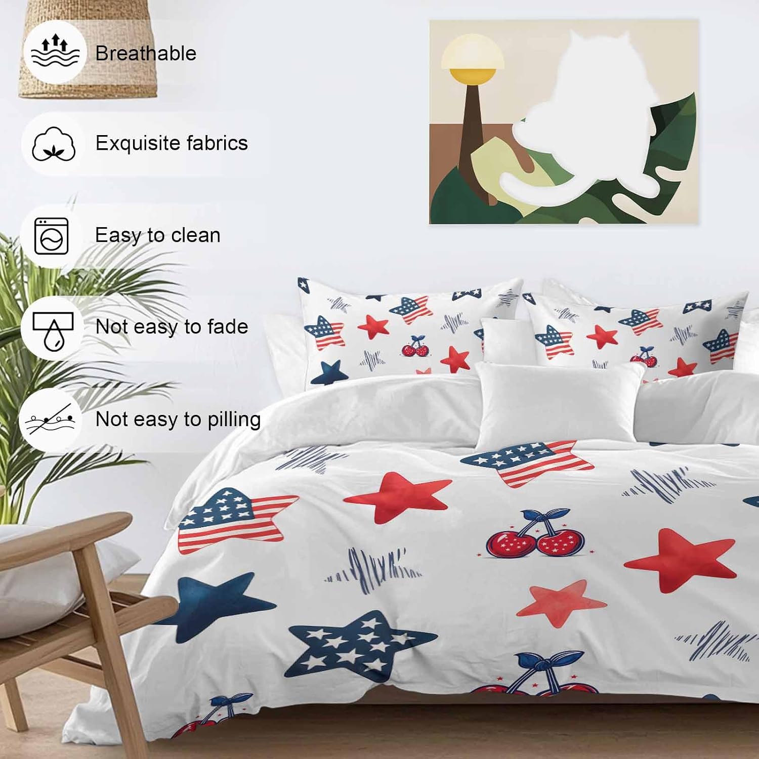 Independence Day Duvet Cover Set Queen Size 4 Pieces Graffiti Five-Pointed Star Cartoon Polka Dot Cherry Bedding Set with Zipper Closure, 1 Comforter Cover 90x92 Inches 1 Flat Sheet & 2 Pillow Cases