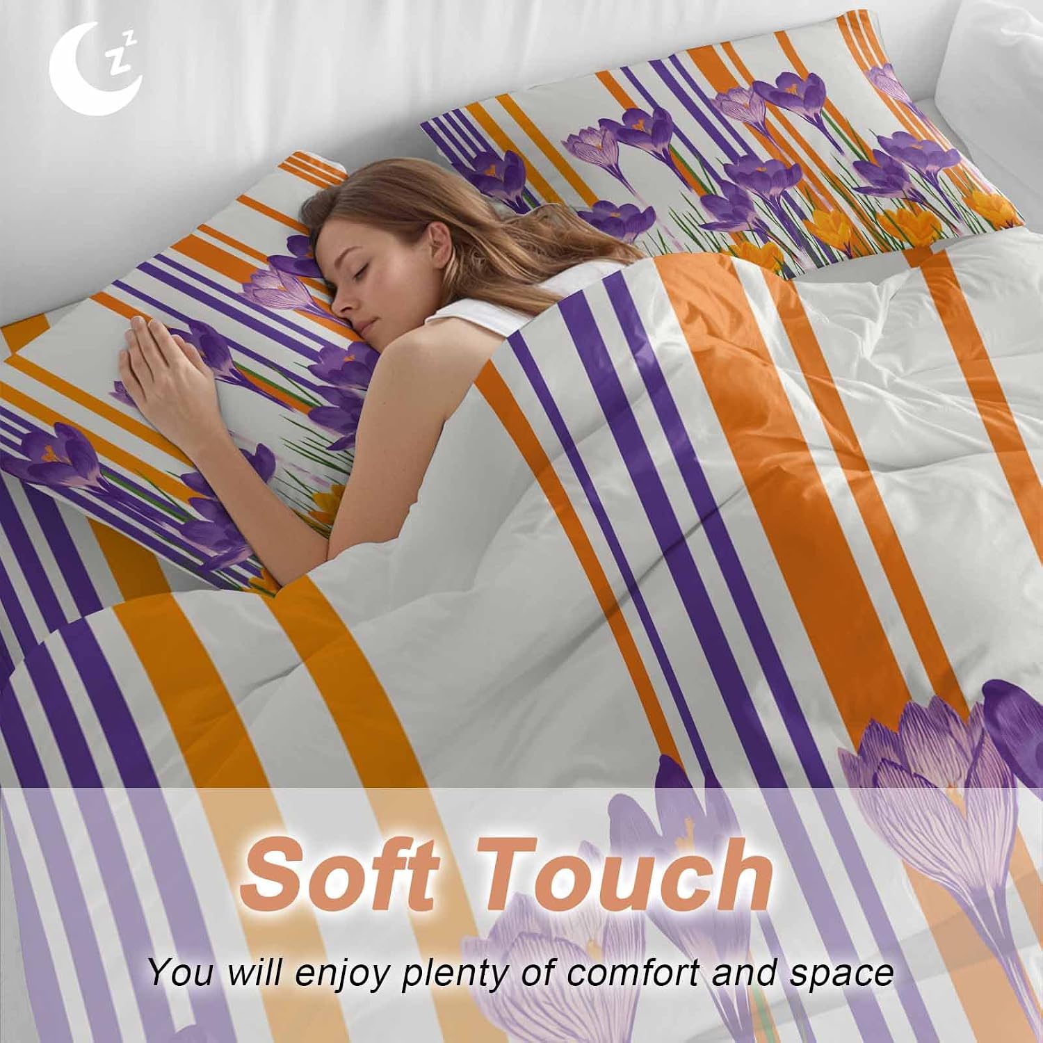 Spring Floral Duvet Cover Set Queen Size 4 Pieces Purple Yellow Gradient Flowers Colorful Stripe Bedding Set with Zipper Closure, 1 Comforter Cover 92x106 Inches 1 Flat Sheet & 2 Pillow Cases
