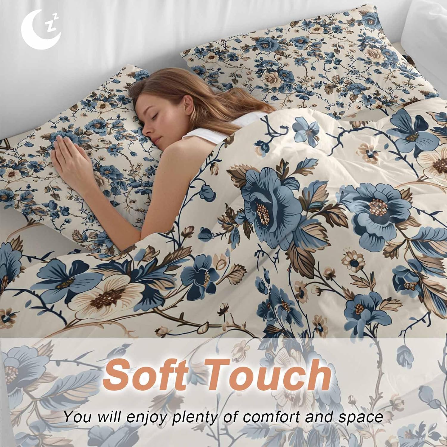 Vintage Floral Duvet Cover Set Queen Size 4 Pieces Beige Blue Brown Flowers Rustic Farmhouse Bedding Set with Zipper Closure, 1 Comforter Cover 92x106 Inches 1 Flat Sheet & 2 Pillow Cases