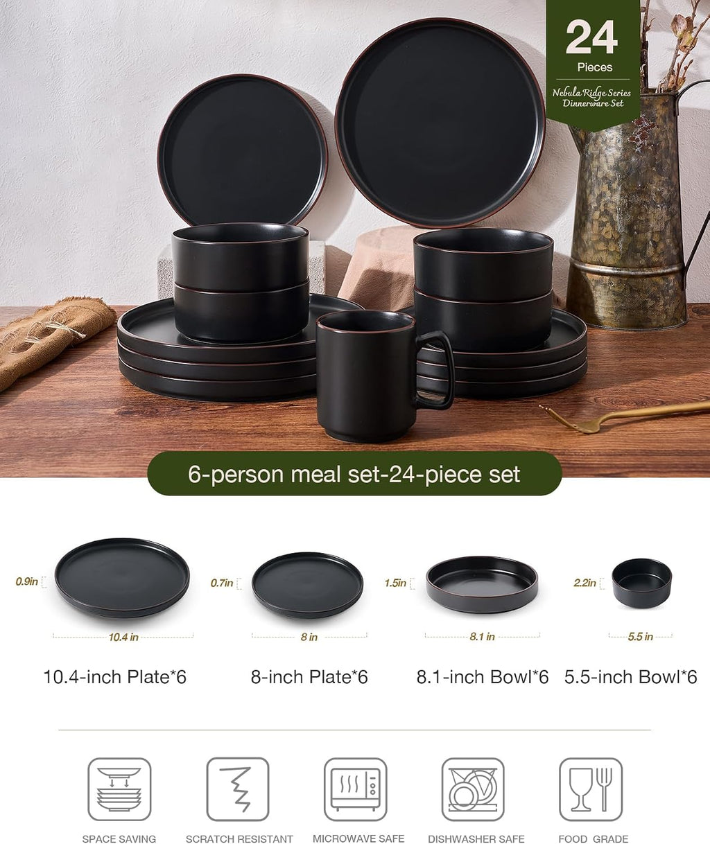 Famiware Nebula Ridge Stoneware Dinnerware Sets with Pasta Bowls, Plates and Bowls Sets, Service for 6 (24 Pieces), Microwave and Dishwasher Safe Kitchen Plates, Matte Black