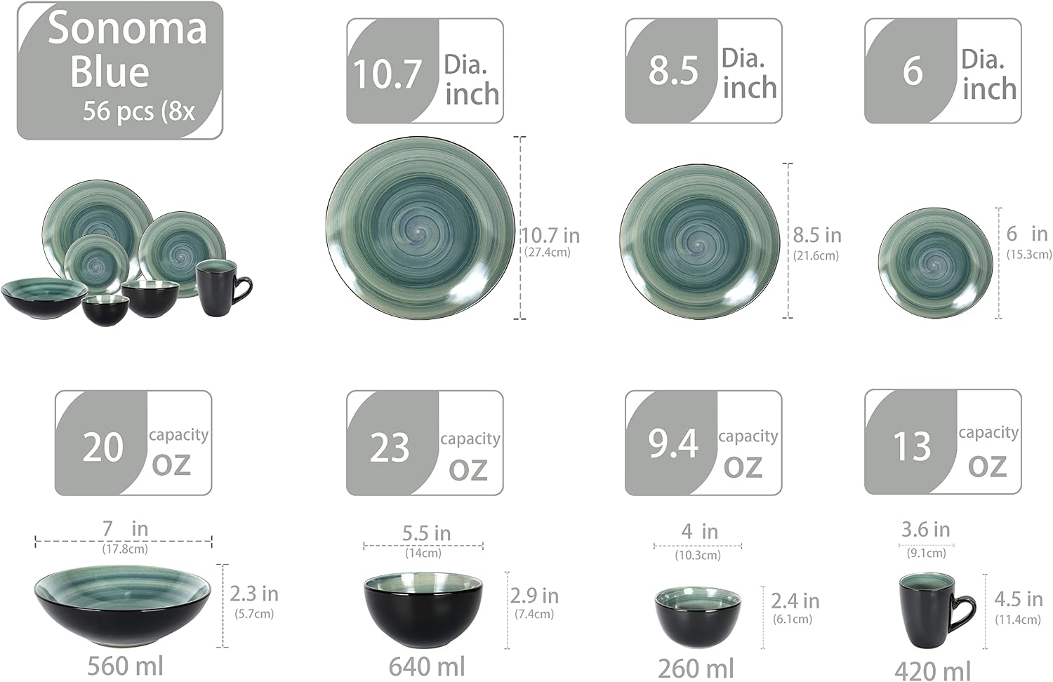 Stoneware Sonoma Dinnerware Set, Black + Speckled Spin Wash (56pc Set, Blue)