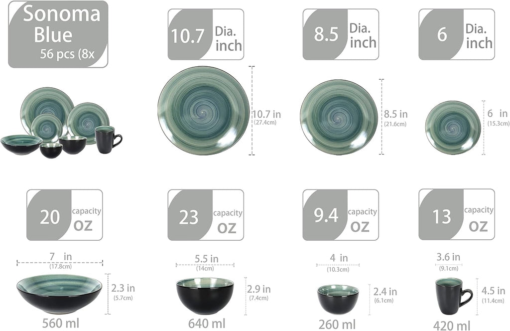 Stoneware Sonoma 56pc Dinnerware Set, Black + Speckled Spin Wash Blue