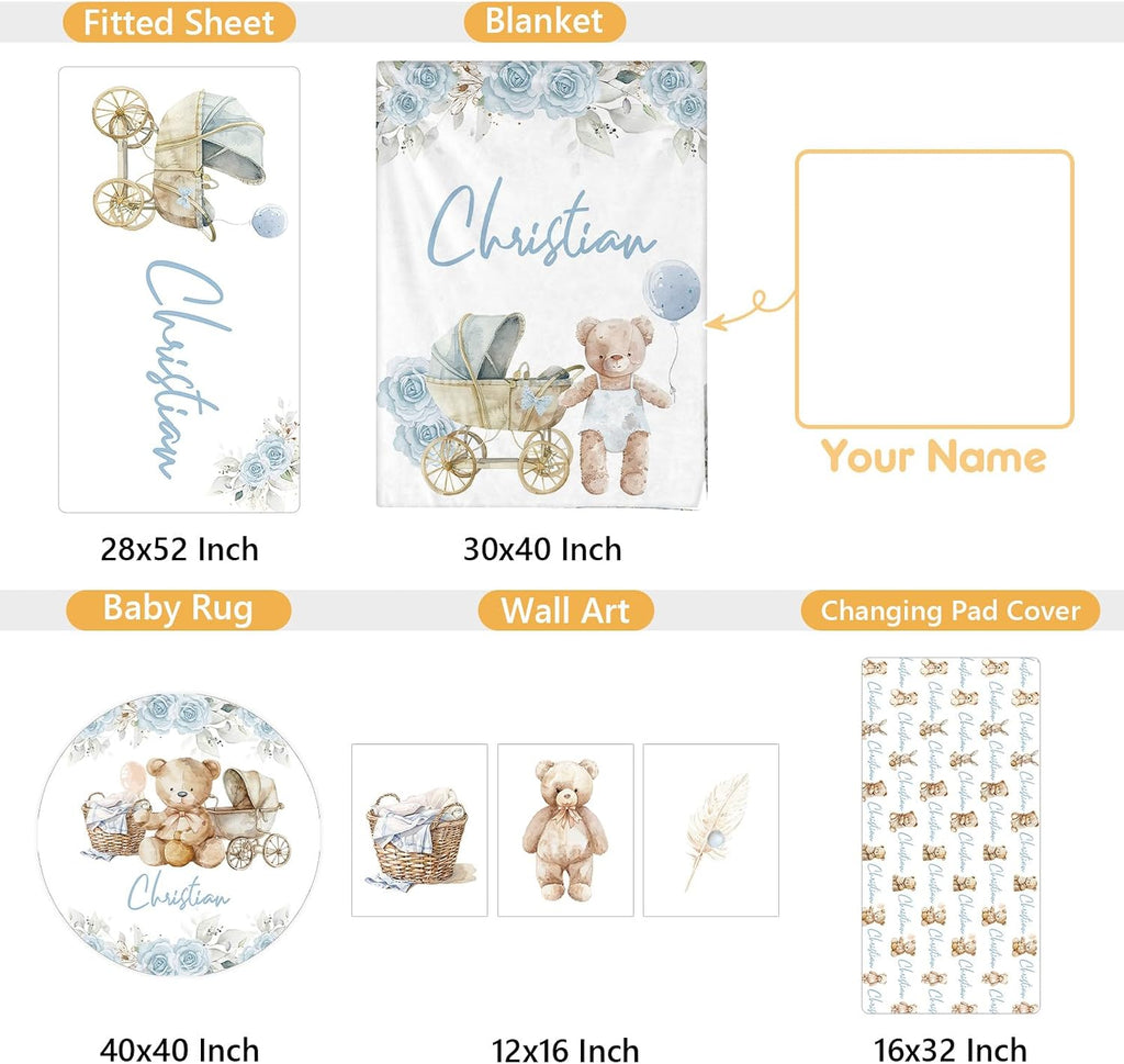 Terwex Personalized Toddler Bedding Set, 5 Pcs Custom Name Crib Bedding Set for Girls Boys, Blue Bear Flannel Baby Crib Bedding Set, Double Layer Baby Crib Set, Customized Gifts for Infants Toddlers