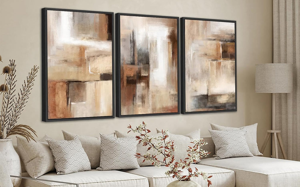 ASDCEUTICALS Large Canvas Wall Art - Brown and Beige Abstract Pictures for Living Room Vintage Wall Decor Retro Rustic Paintings Black Float Framed for Bedroom Dinning Room 32' X 48' X 3 pcs