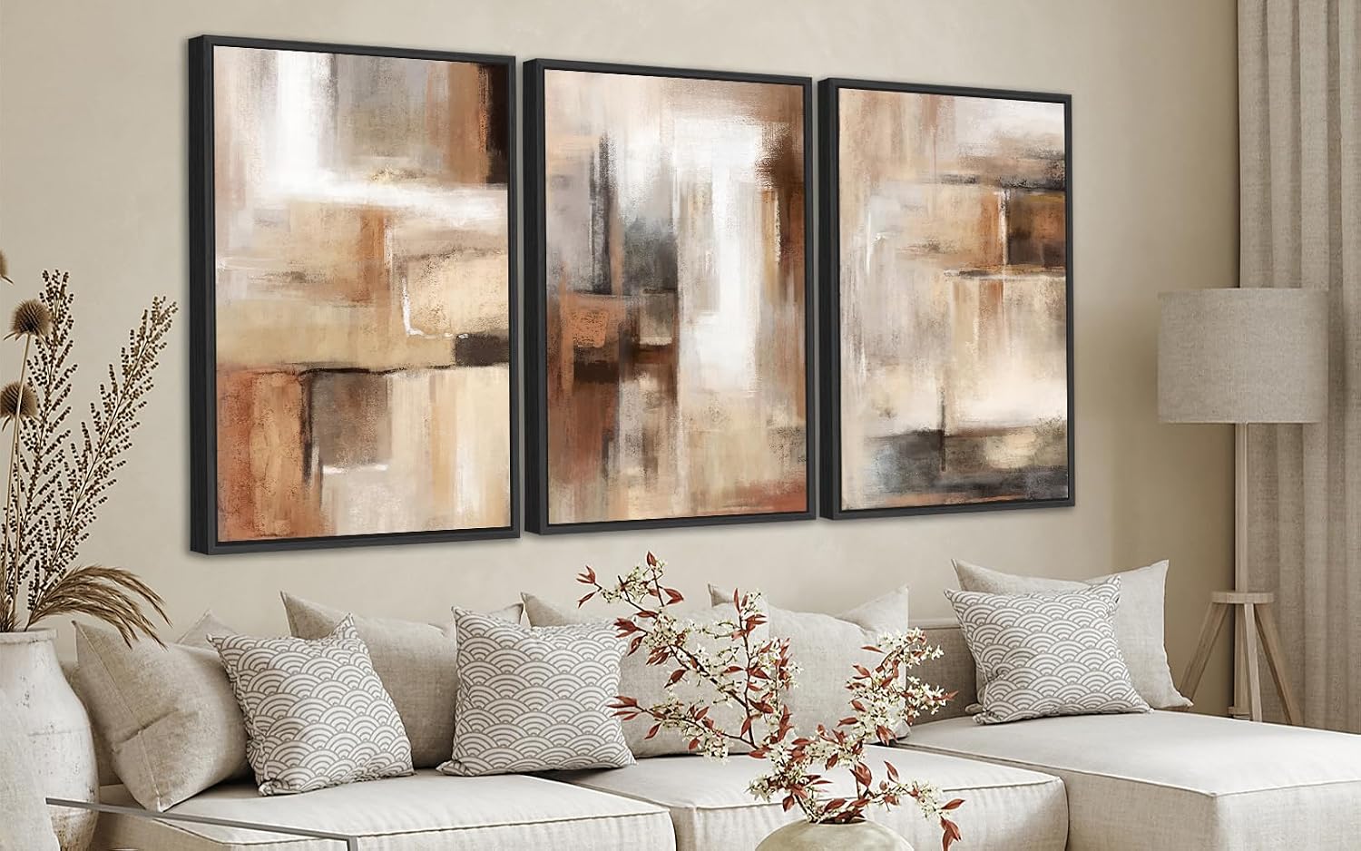 ASDCEUTICALS Large Canvas Wall Art - Brown and Beige Abstract Pictures for Living Room Vintage Wall Decor Retro Rustic Paintings Black Float Framed for Bedroom Dinning Room 32' X 48' X 3 pcs