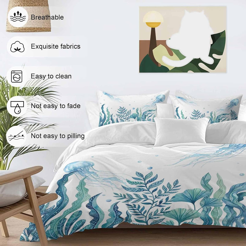 Prime Leader Blue Summer Ocean Duvet Cover Set Queen Size 4 Pieces Jellyfish Seaweed Watercolor Coastal Bedding Set with Zipper Closure, 1 Comforter Cover 90x92 Inches 1 Flat Sheet & 2 Pillow Cases