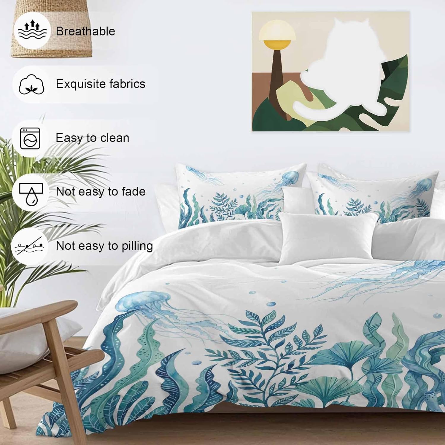 Prime Leader Blue Summer Ocean Duvet Cover Set Queen Size 4 Pieces Jellyfish Seaweed Watercolor Coastal Bedding Set with Zipper Closure, 1 Comforter Cover 90x92 Inches 1 Flat Sheet & 2 Pillow Cases